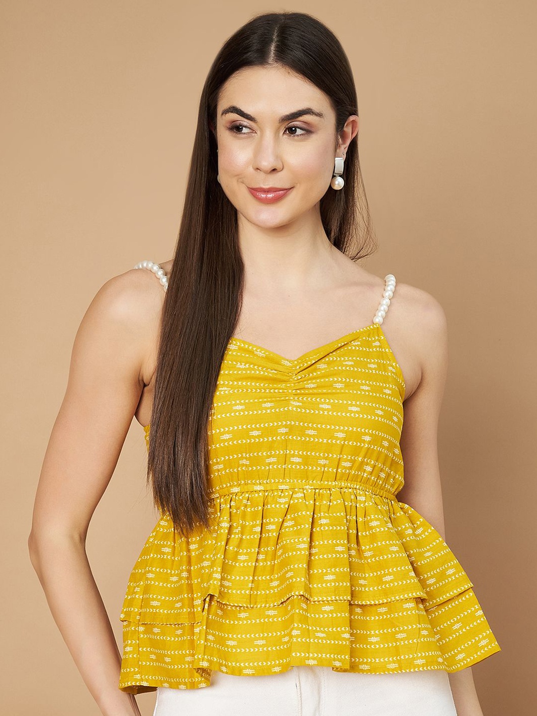 

KALINI Women Abstract Printed Sweetheart Neck Cotton Top, Yellow