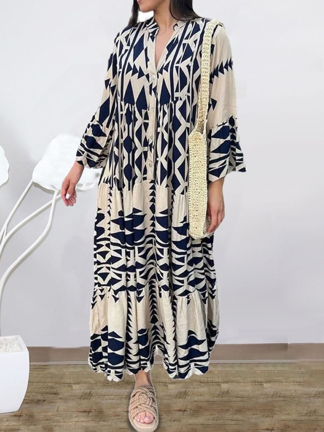 

KPOP Geometric Printed A-Line Long Sleeves Maxi Dress, Navy blue