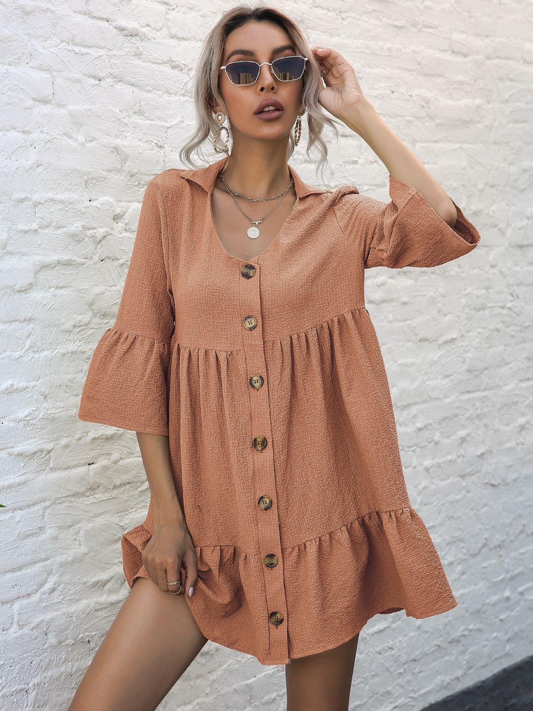 

KPOP Shirt Collar Bell Sleeve A-Line Dress, Orange