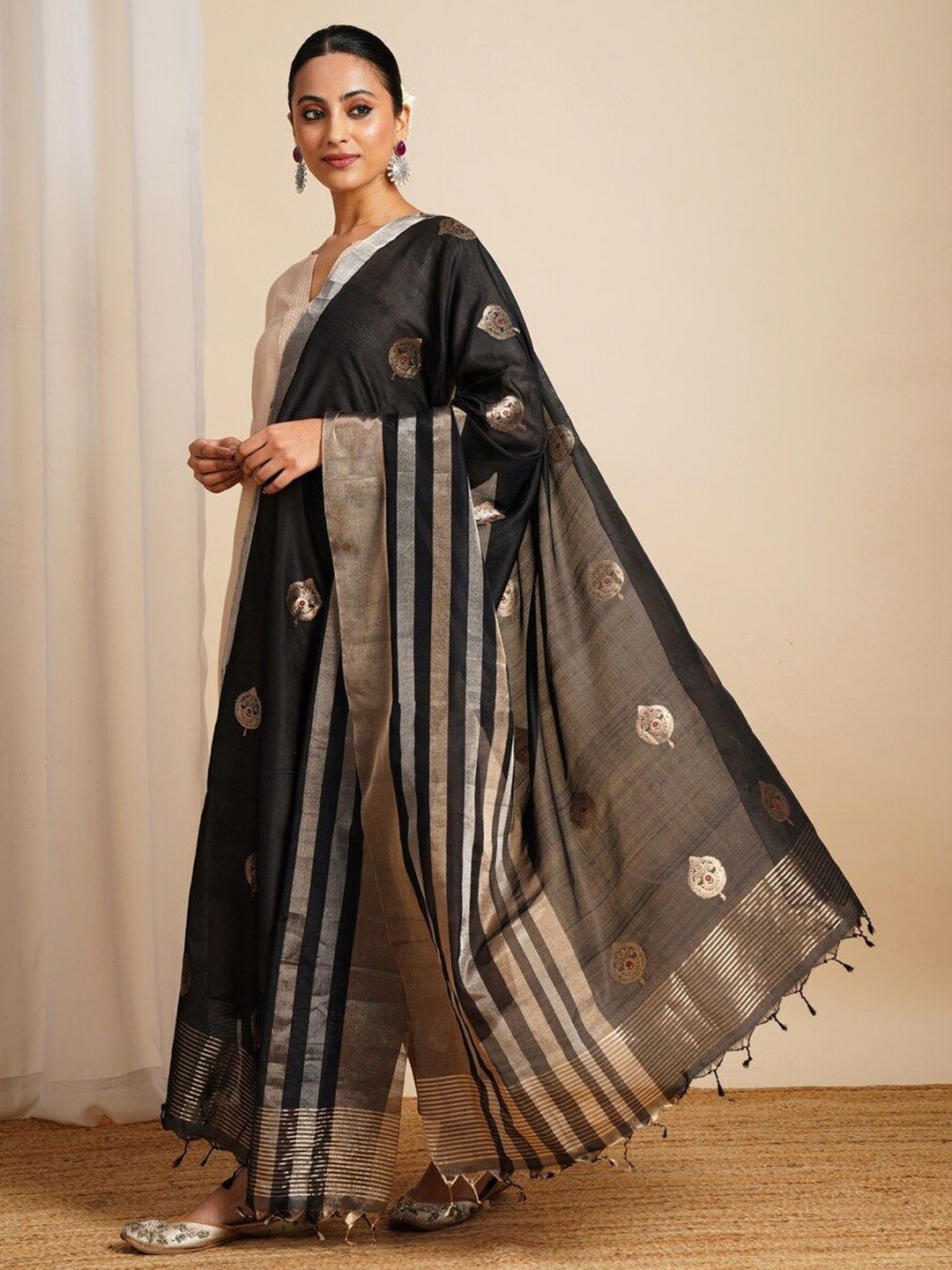 

JAYPORE Woven Design Cotton Silk Dupatta with Zari, Black