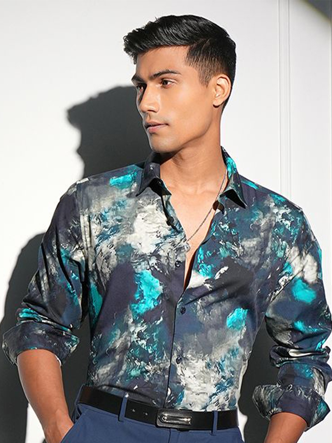 

LOCOMOTIVE Premium Men Satin Printed Occasion Shirt, Teal