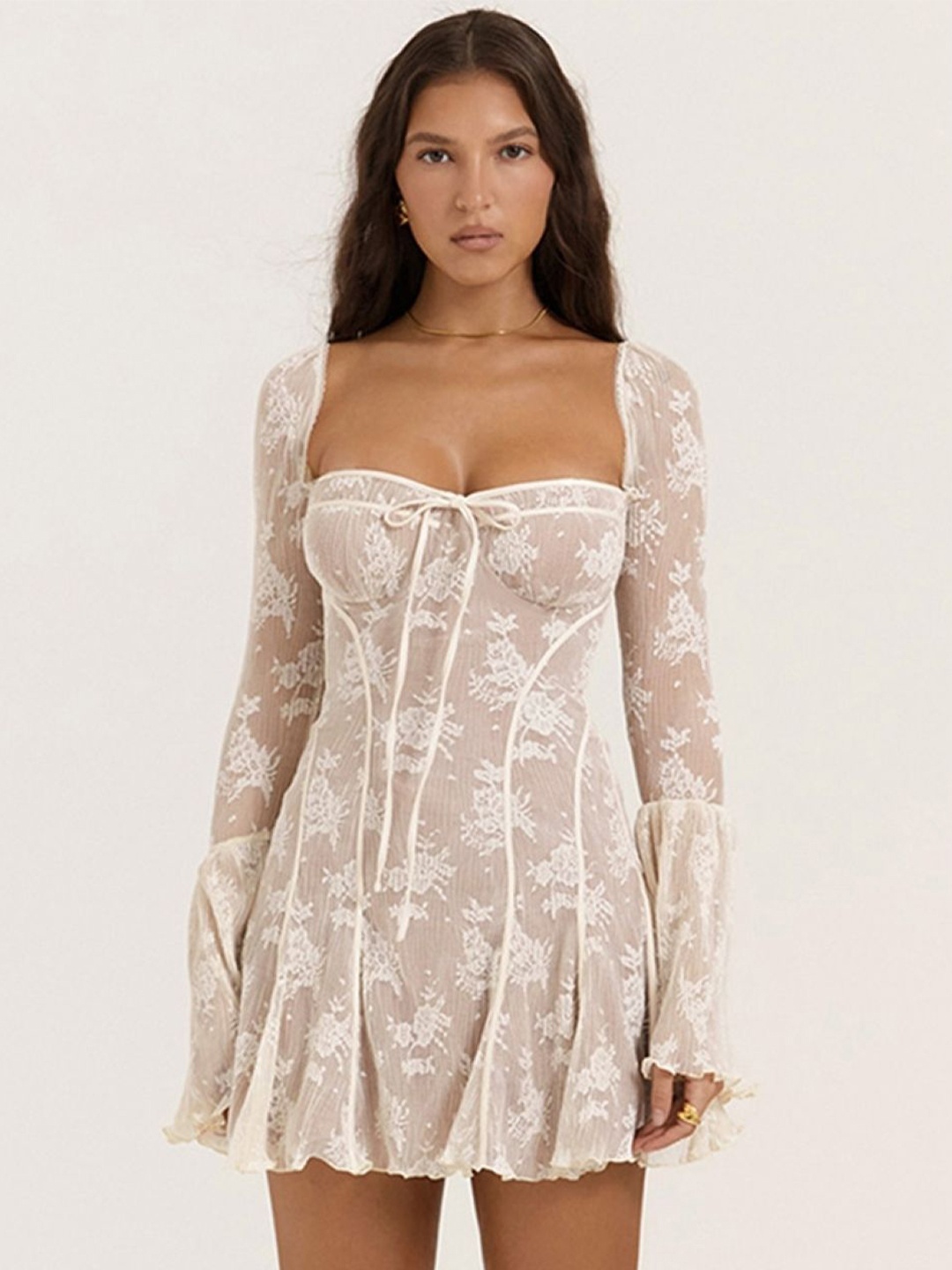

KPOP Women Semi Sheer Flared Sleeve A-Line Dress, White