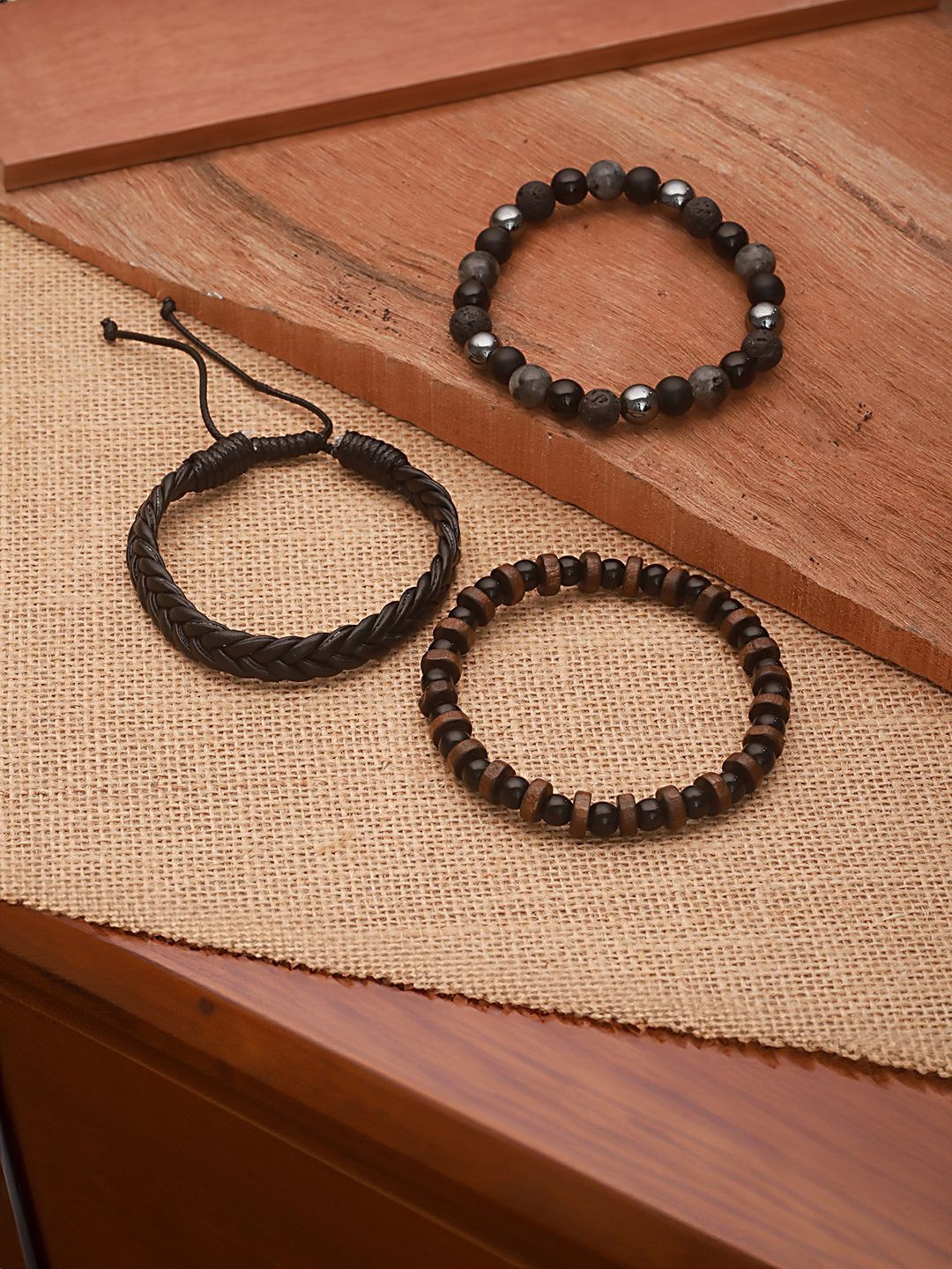 

Jazz and Sizzle Men Set of 3 Beaded Elasticated Bracelet, Black