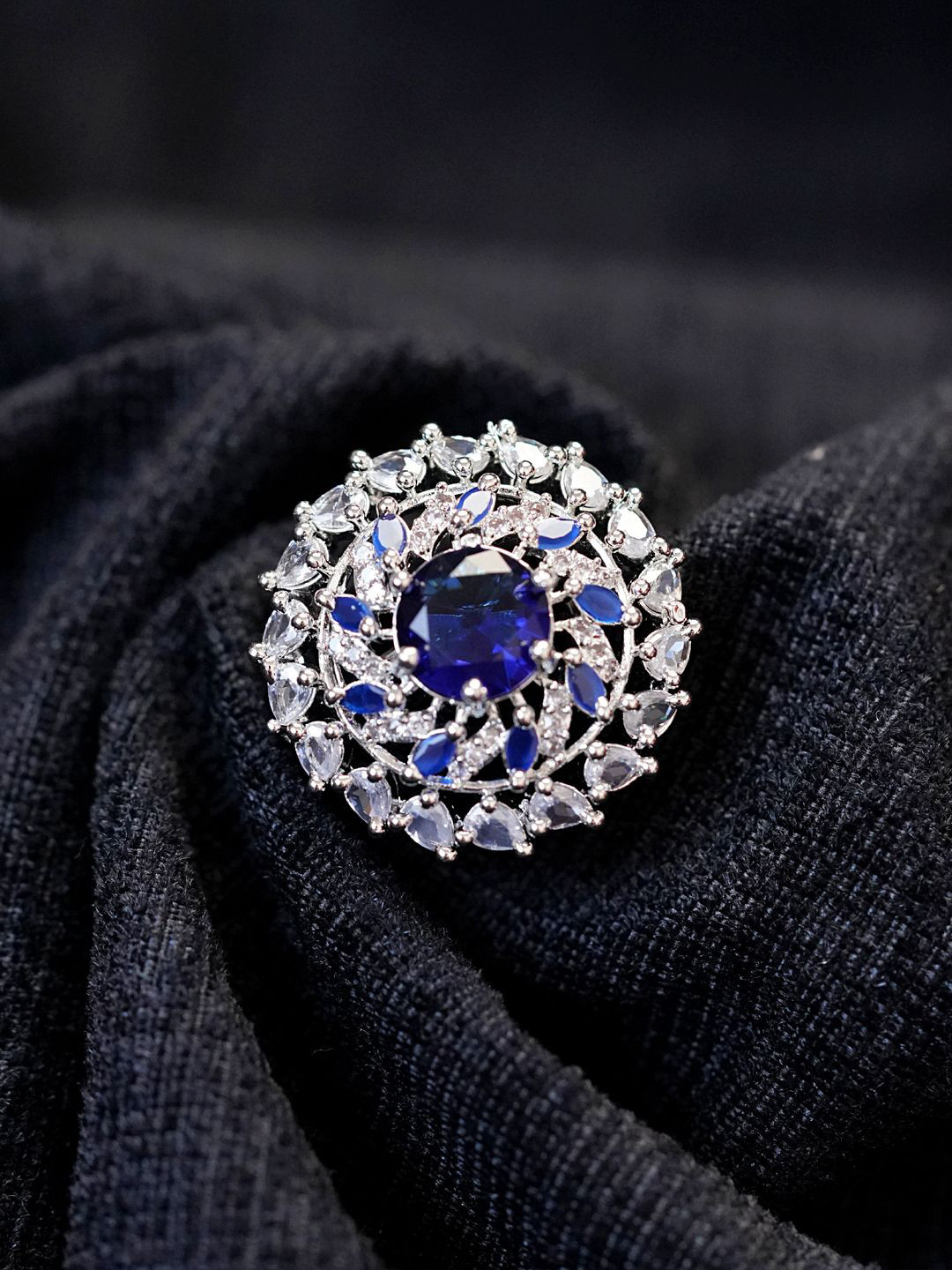 

Zoey Silver-Plated American Diamond Stones-Studded Adjustable Finger Ring