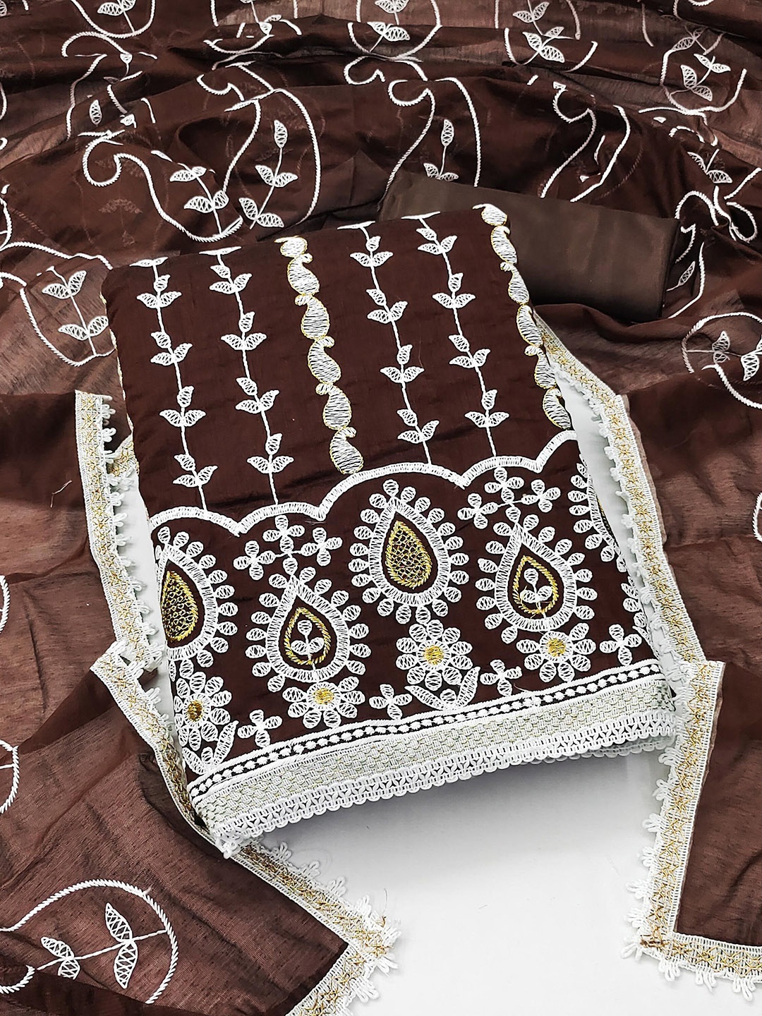 

KALINI Ethnic Motifs Embroidered Unstitched Dress Material, Brown