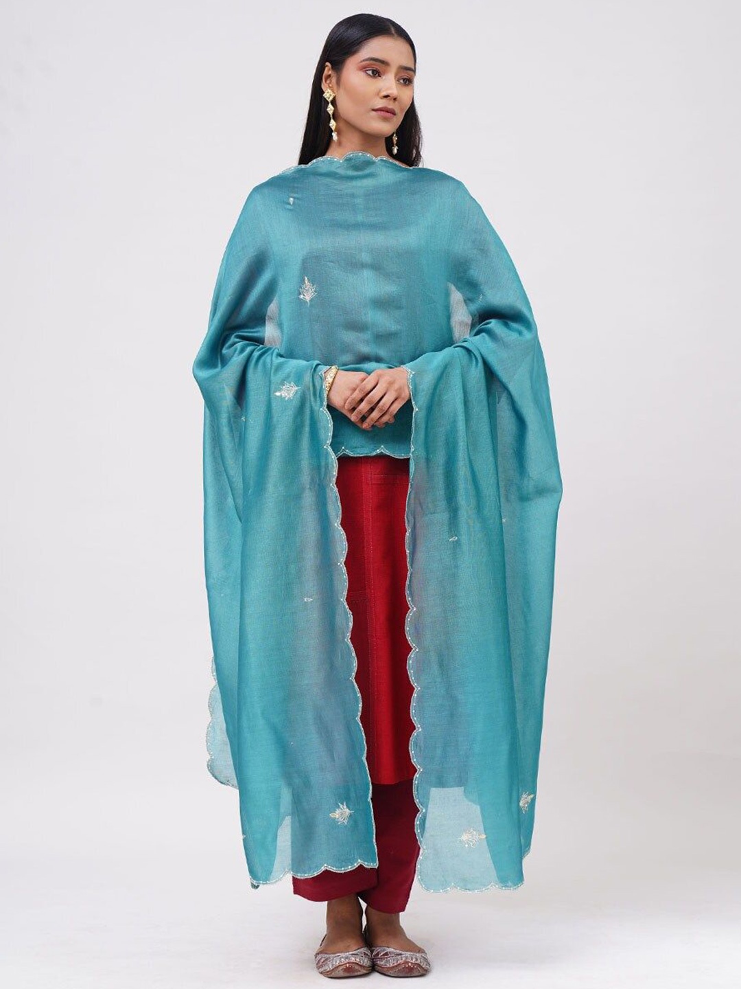 

JAYPORE Embroidered Cotton Silk Dupatta, Blue