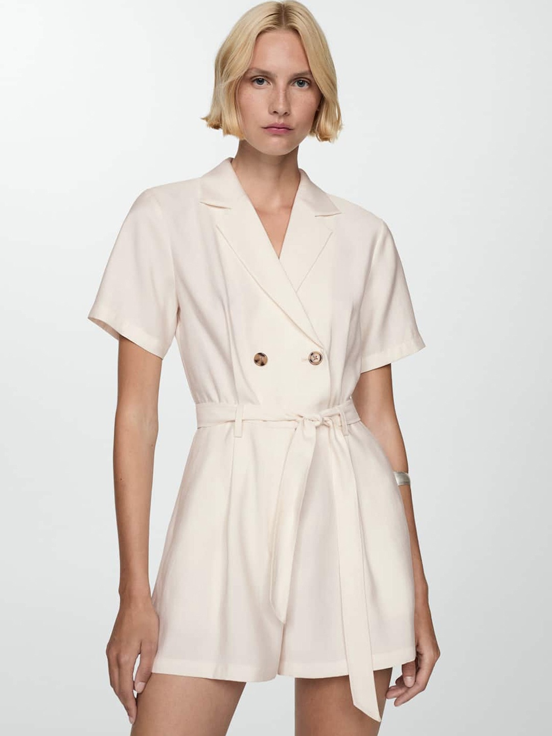 

MANGO Notched Lapel Waist Tie-Up Playsuit, Beige