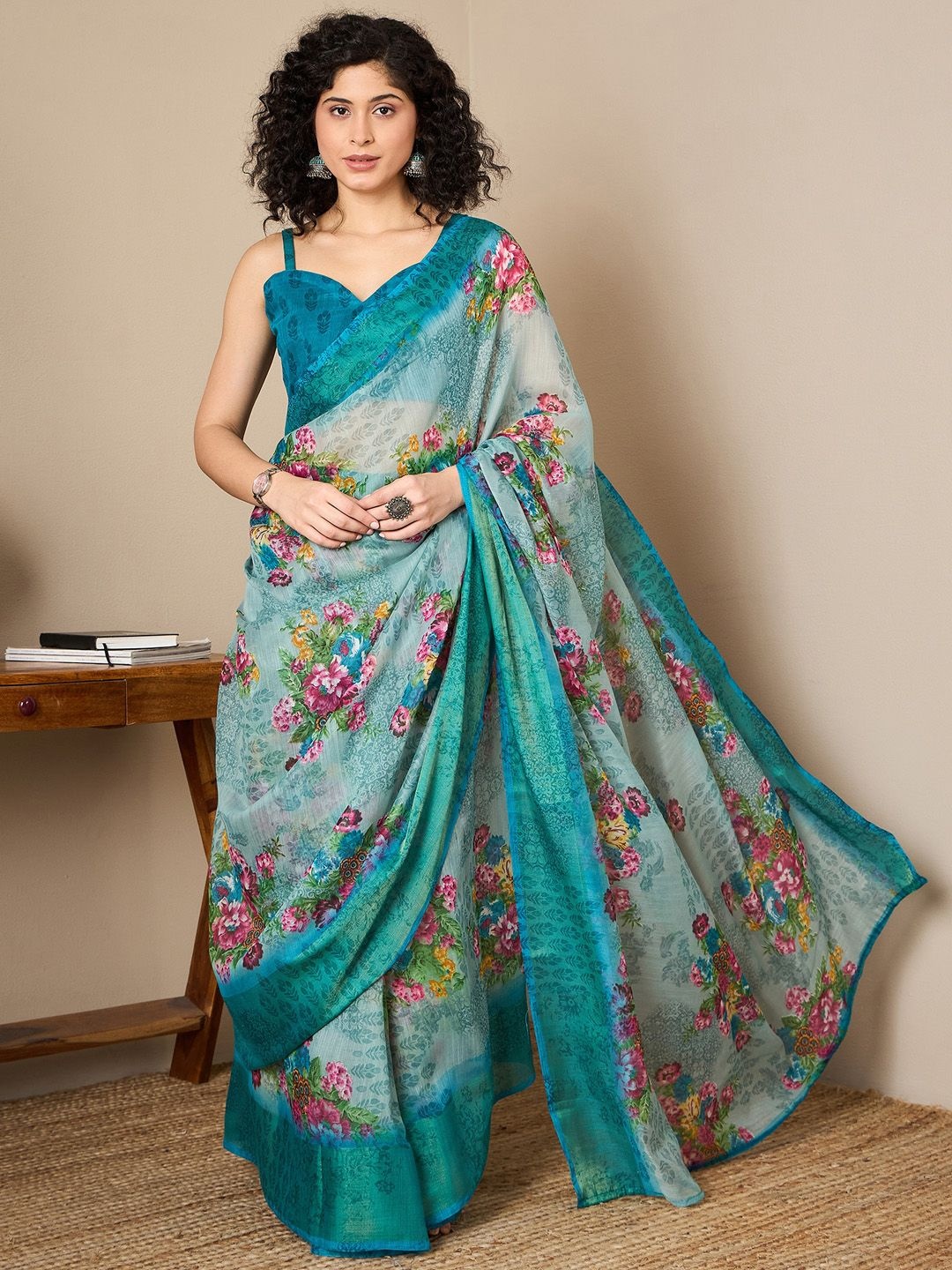 

Saree mall Floral Printed Zari Ready to Wear Saree, Sea green