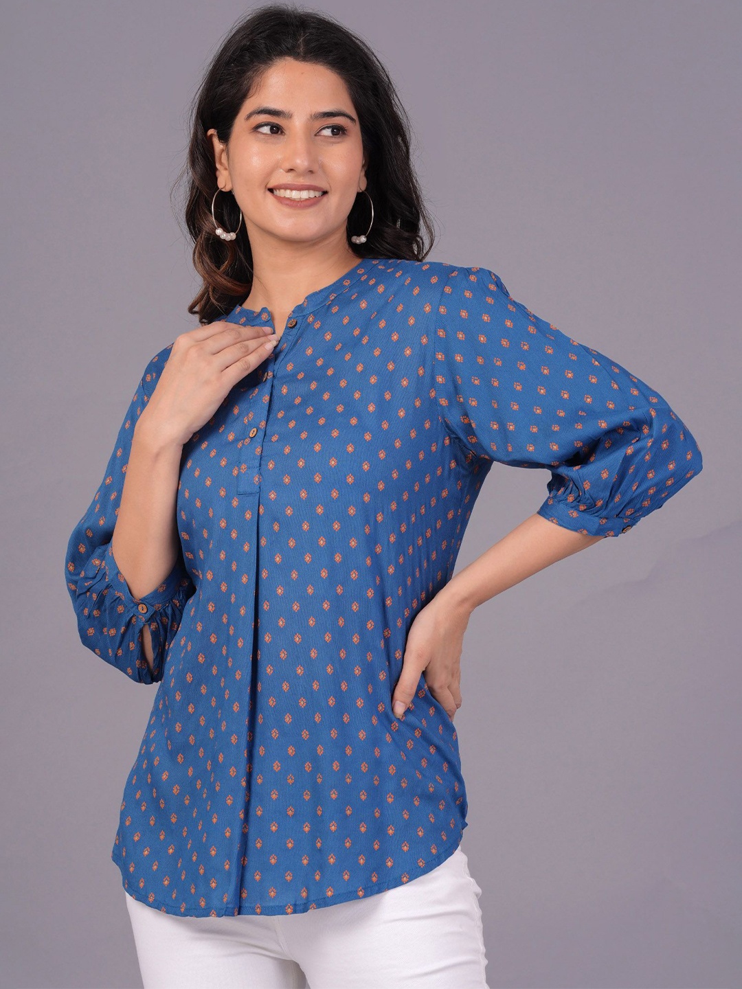 

BAESD Women Floral Printed Mandarin Collar Top, Blue