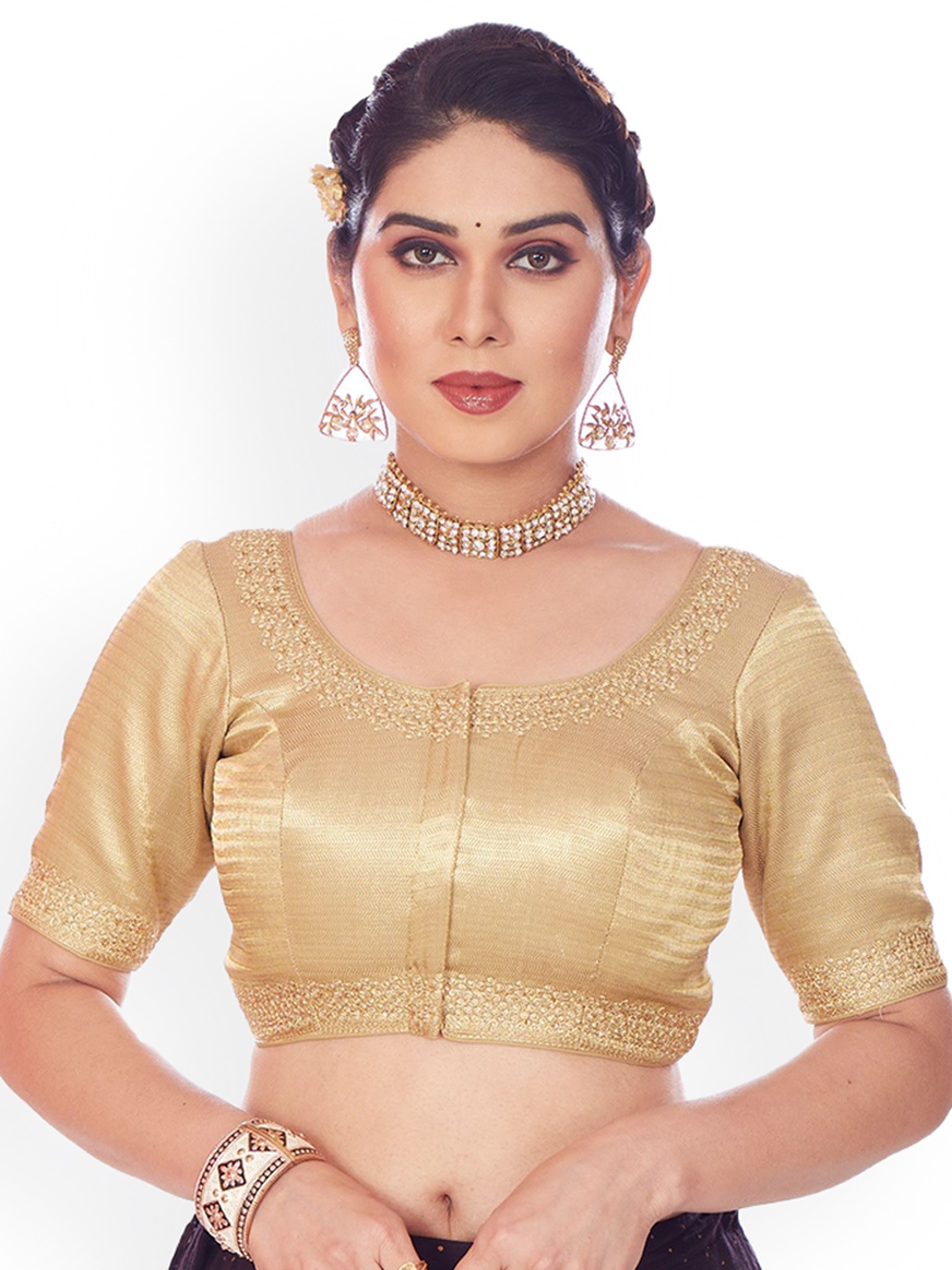 

Mmore Embroidered Round Neck Saree Blouse, Gold