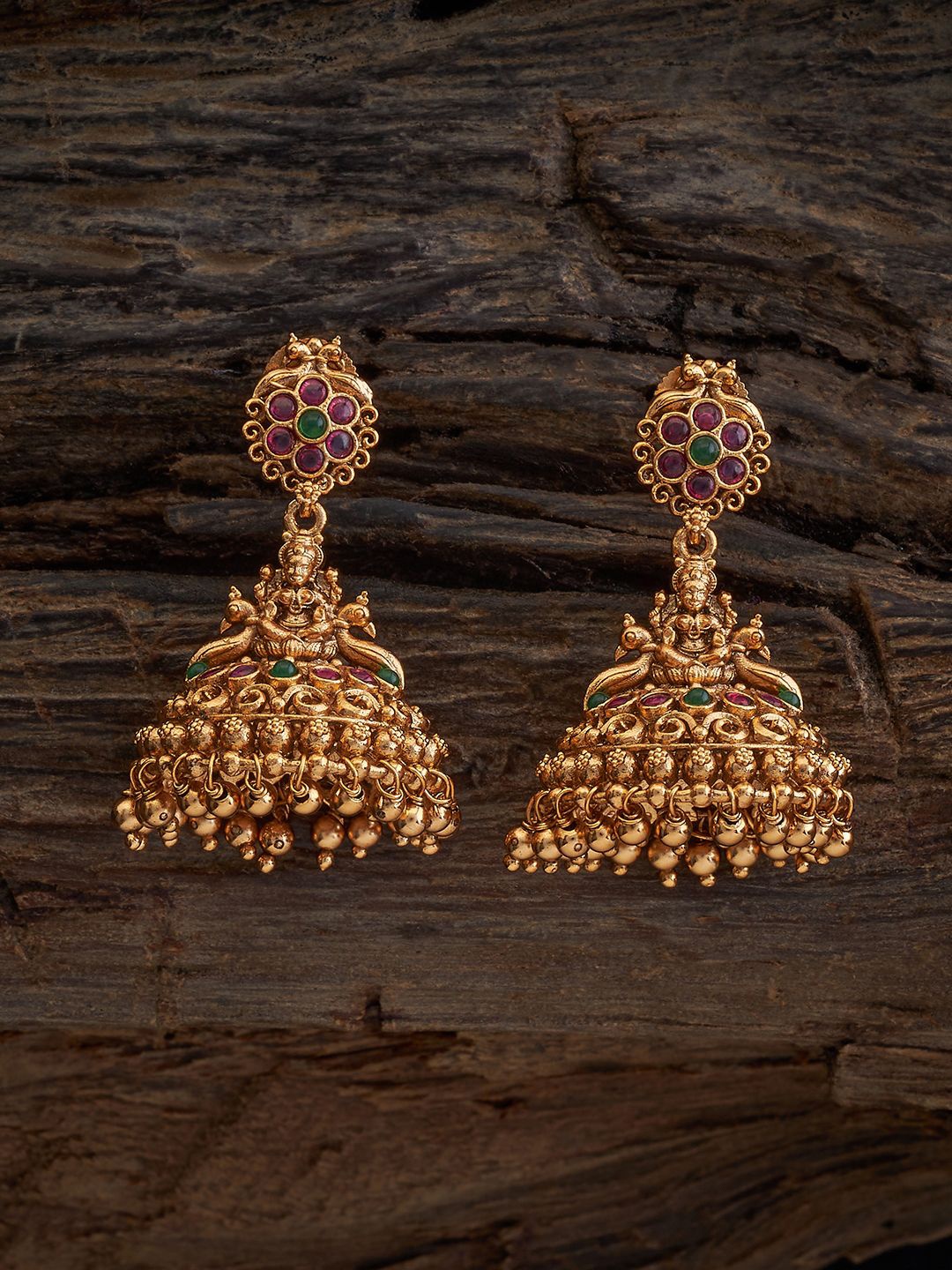 

Kushal's Fashion Jewellery Gold-Plated Temple Dome Shaped Jhumkas Earrings, Red