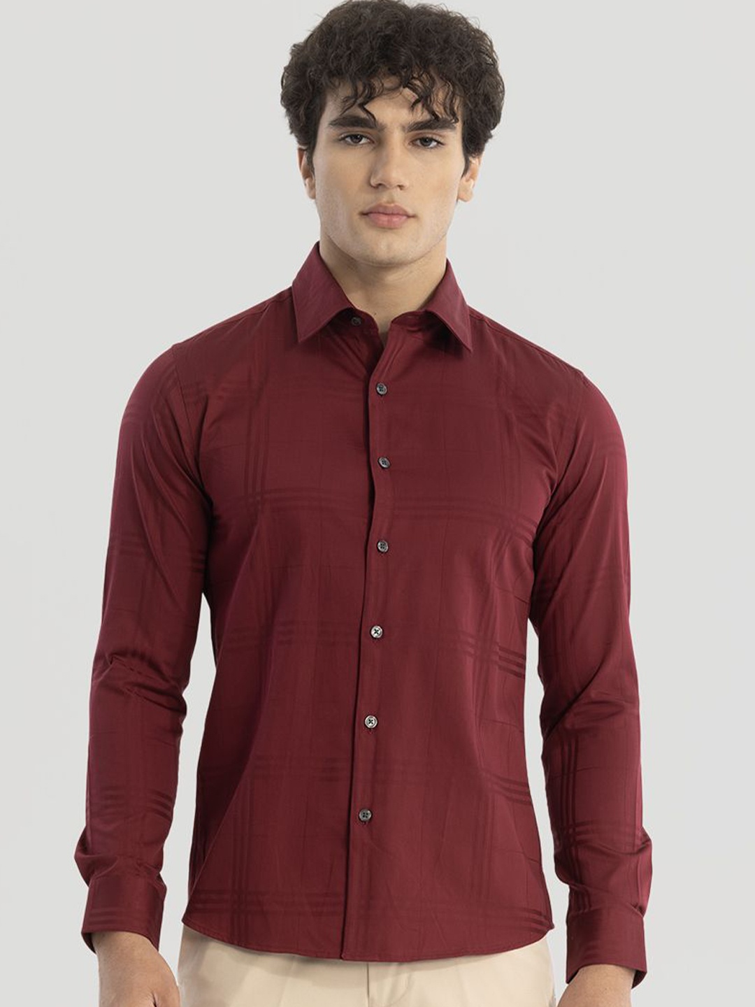 

Snitch Men Smart Slim Fit Opaque Checked Formal Shirt, Maroon