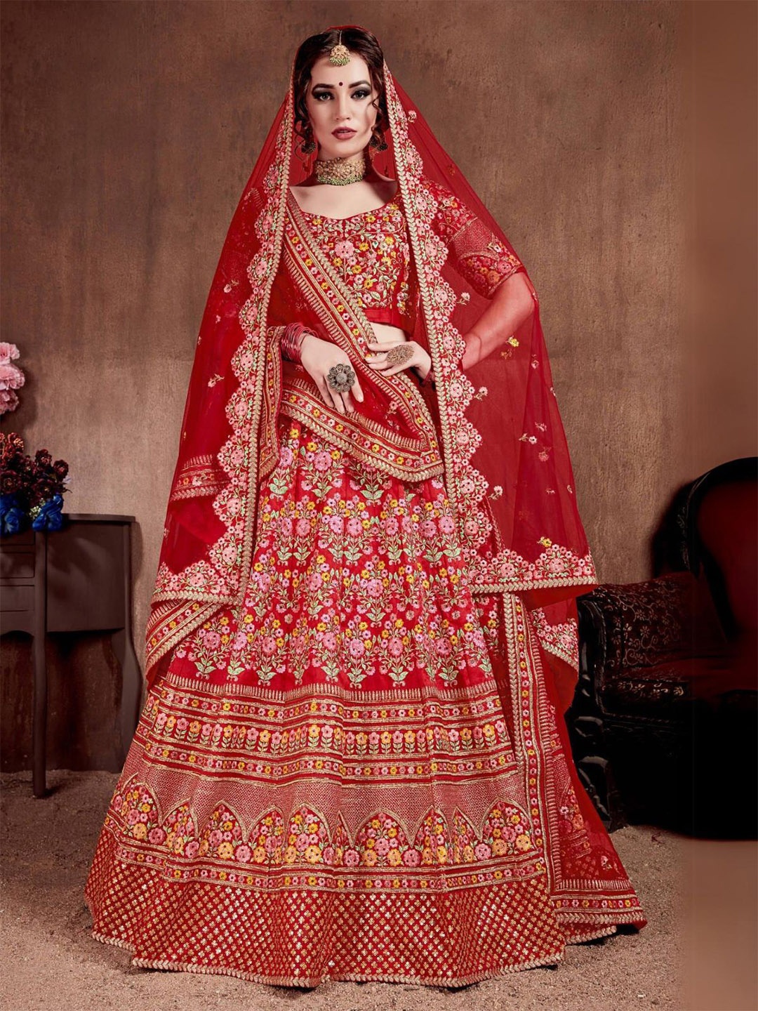 

ODETTE Embroidered Thread Work Semi-Stitched Lehenga & Blouse With Dupatta, Red