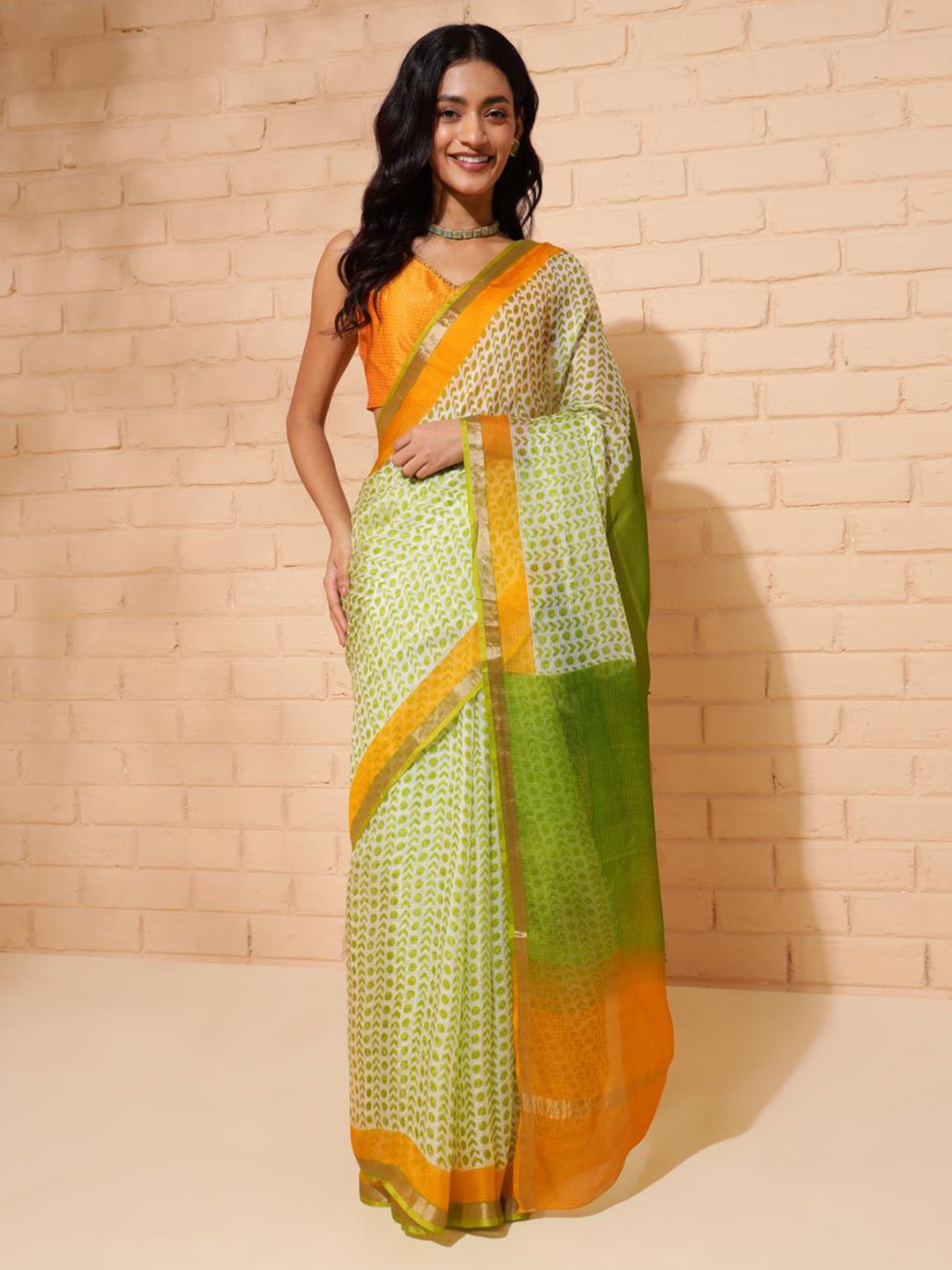 

Fabindia Ethnic Motifs Printed Zari Pure Silk Block Print Saree, Green