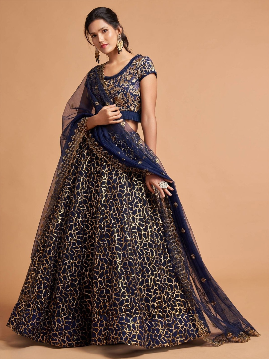 

ODETTE Embroidered Semi Stitched Lehenga & Blouse With Dupatta, Navy blue