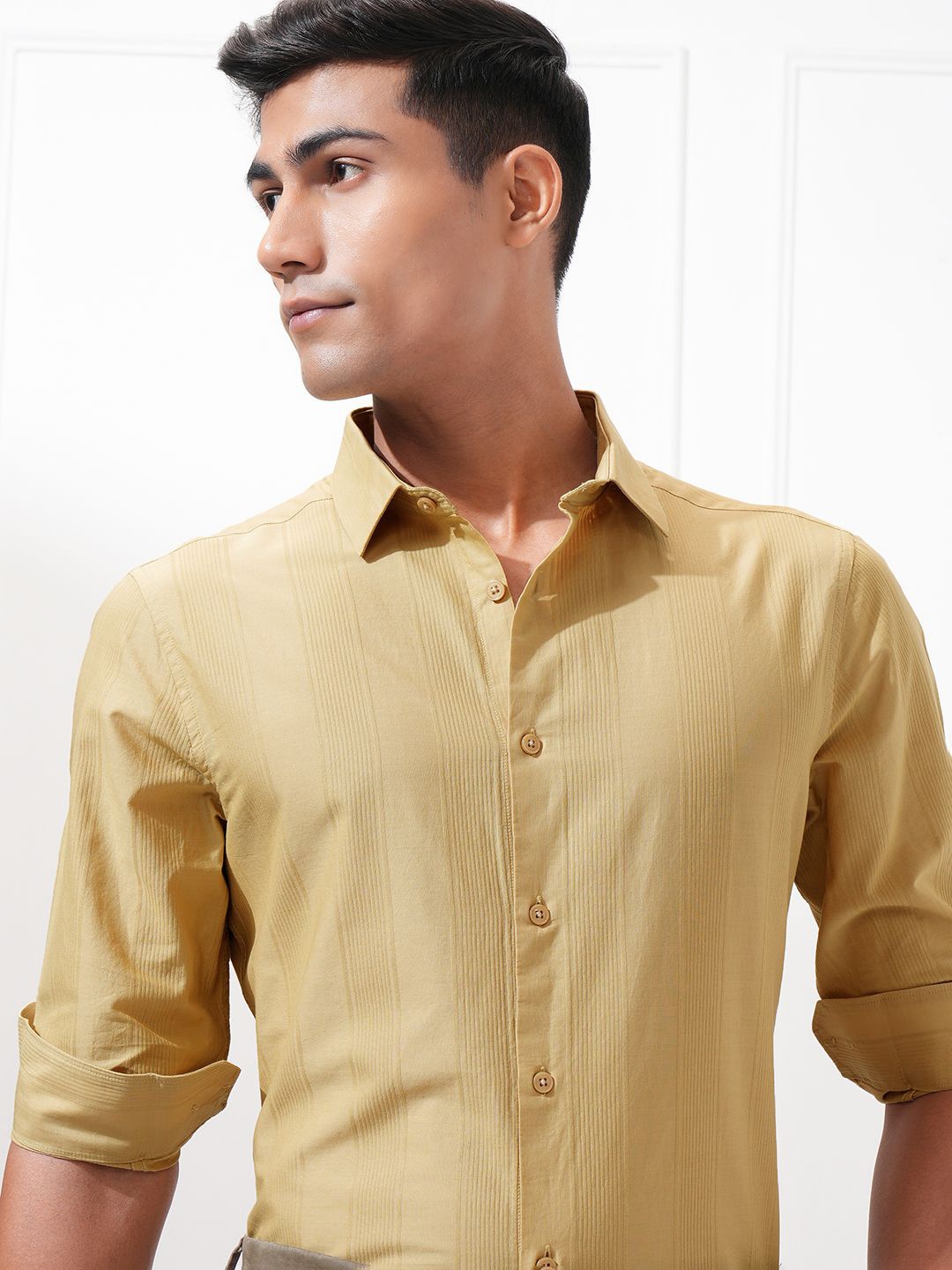 

Highlander Men Dobby Textured Solid Multi Occasion Shirt, Mustard