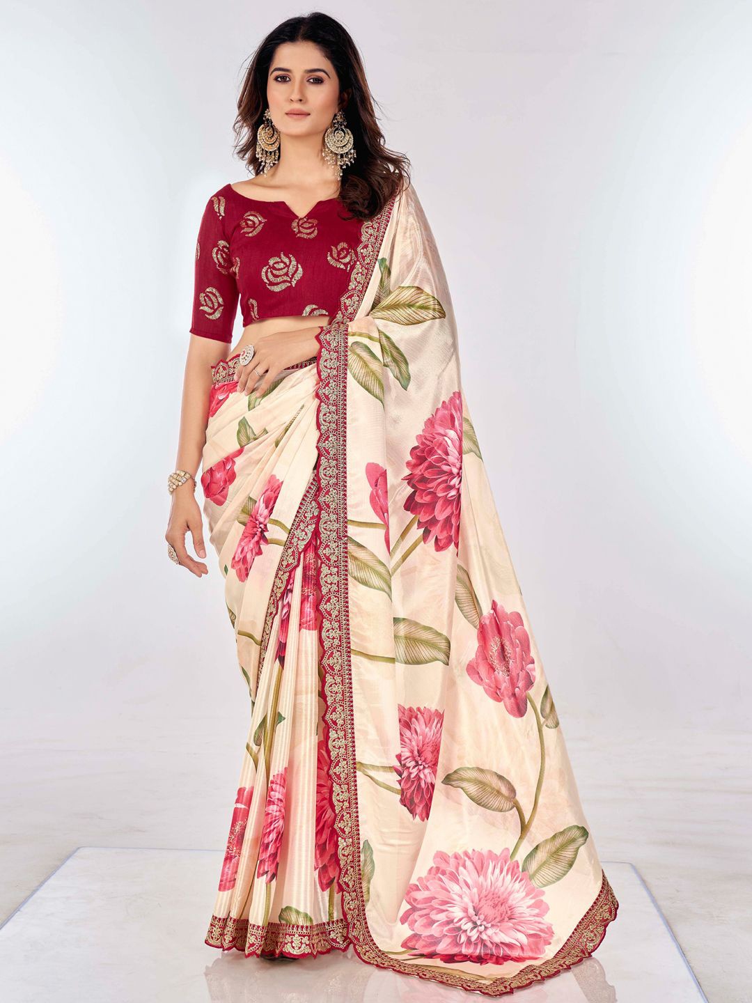 

Mitera Floral Printed Embroidered Border Saree, Cream