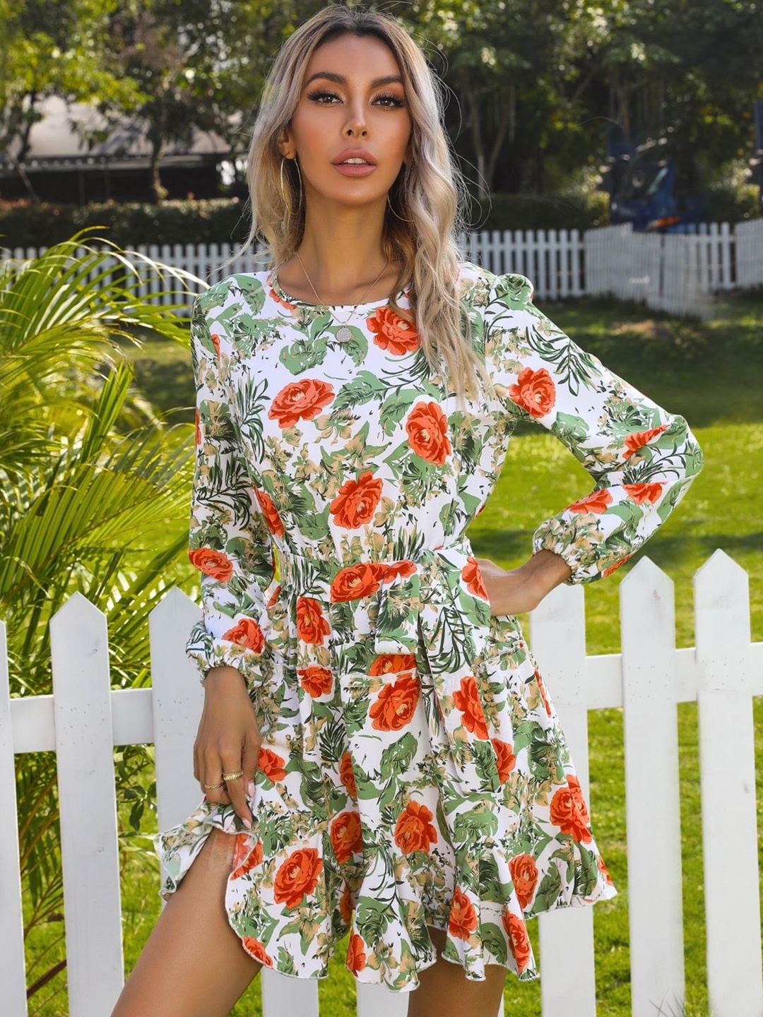 

KPOP Women Floral Printed Puff Sleeve A-Line Dress, White