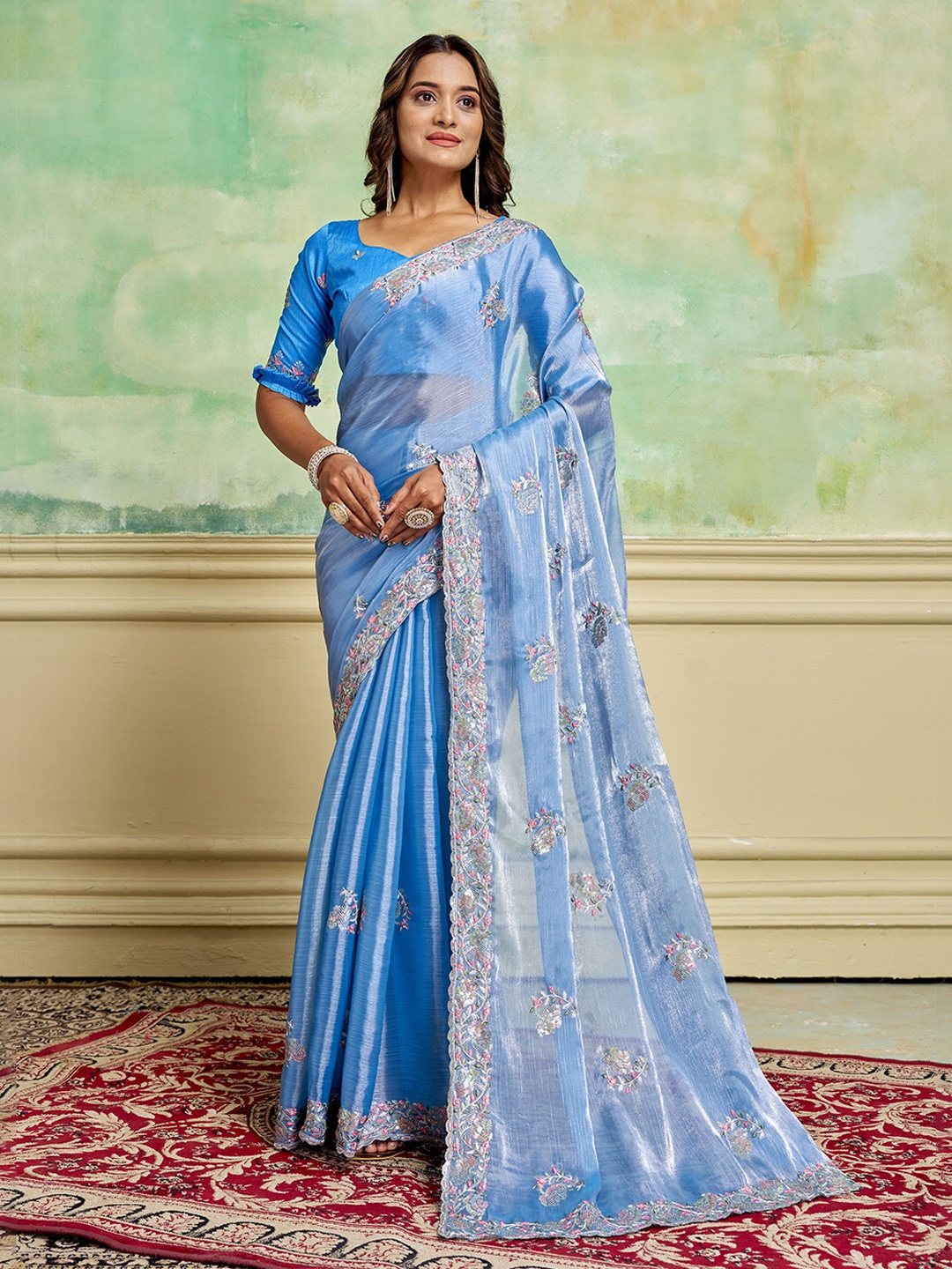 

KAYOMMI Floral Embroidered Organza Baluchari Saree, Turquoise blue