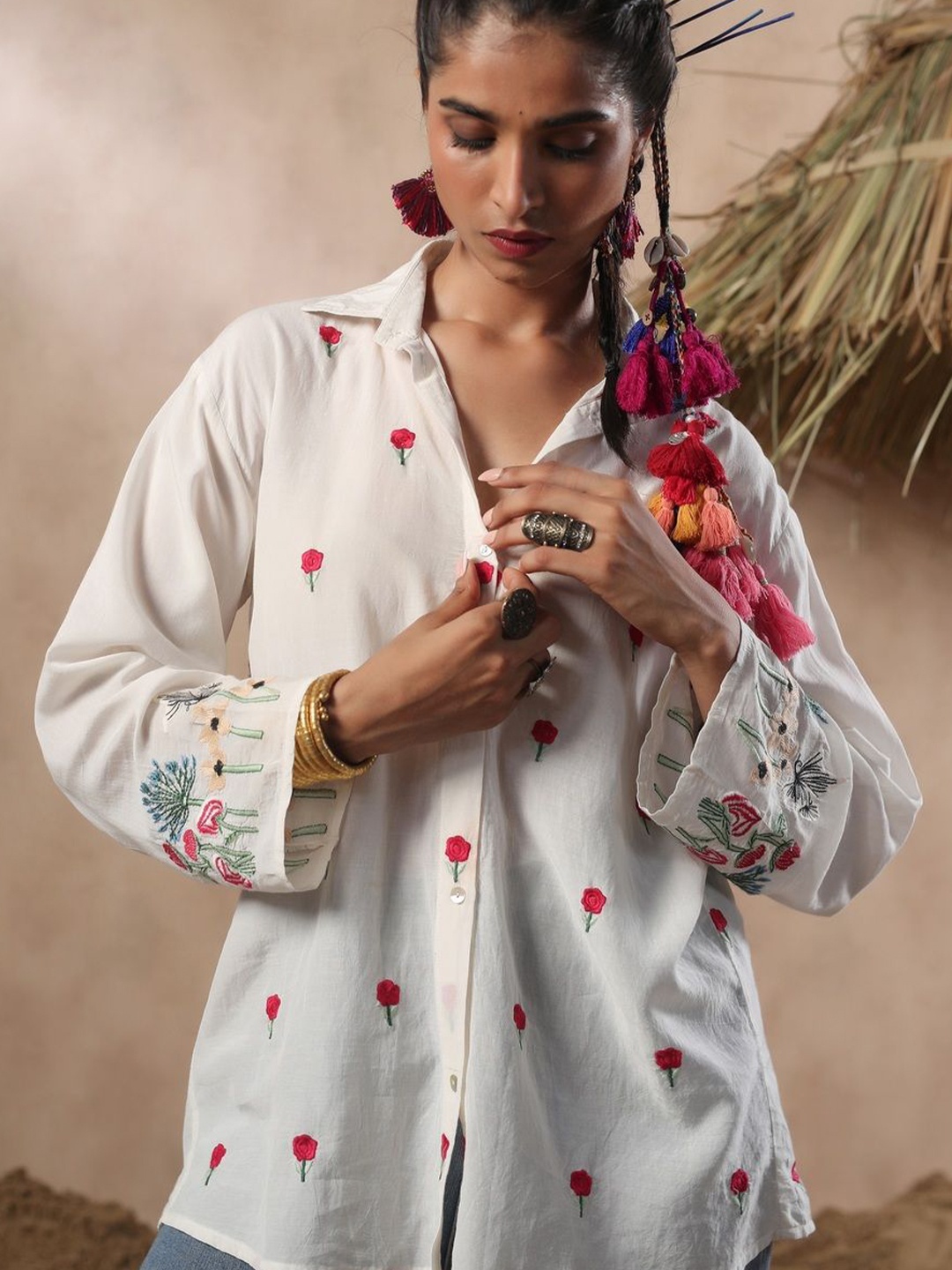 

Nyaro Embroidered Flared Sleeve Bohemian Shirt Style Top, White