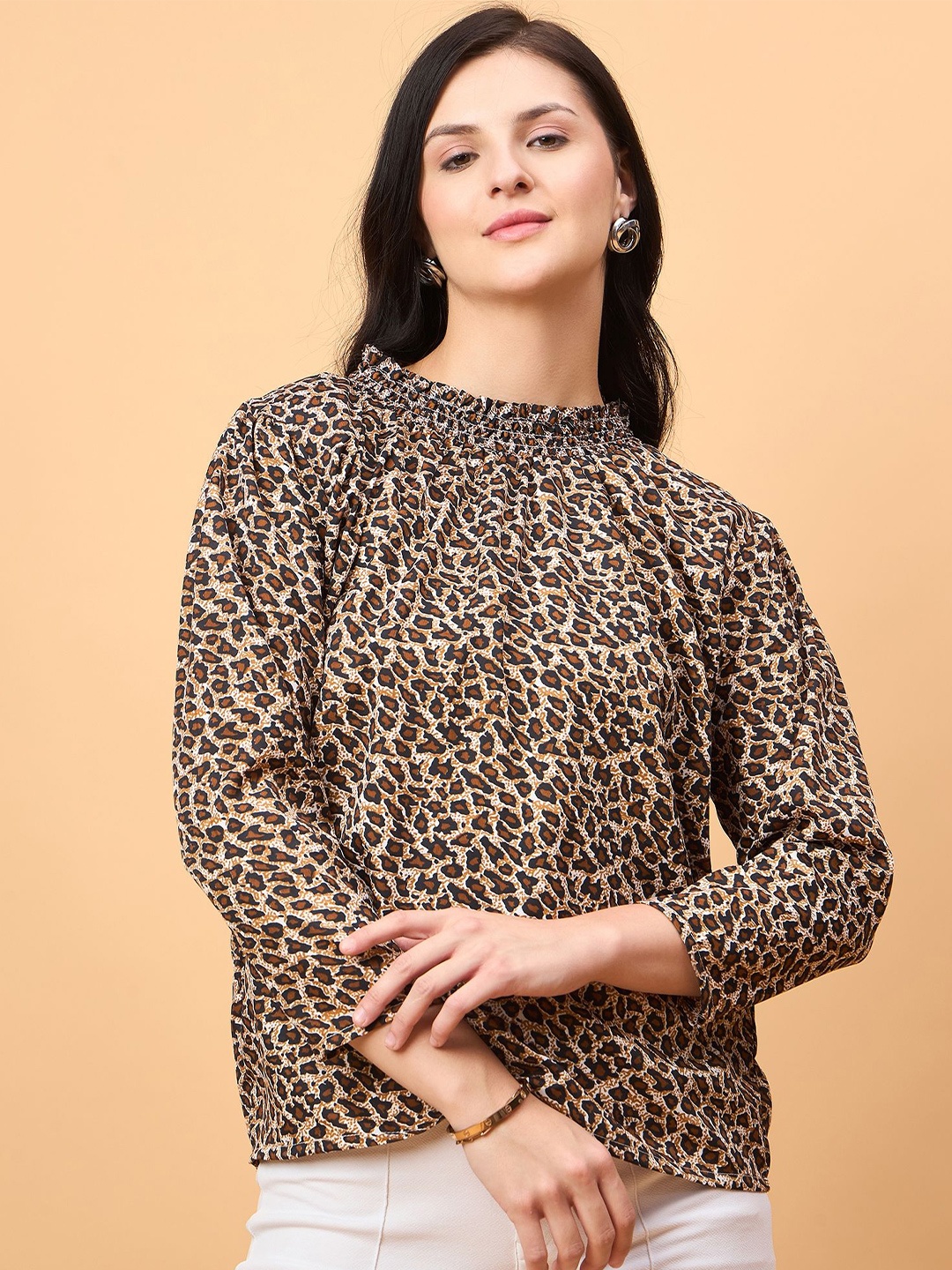 

NEESH Women Animal Printed Round Neck Top, Beige