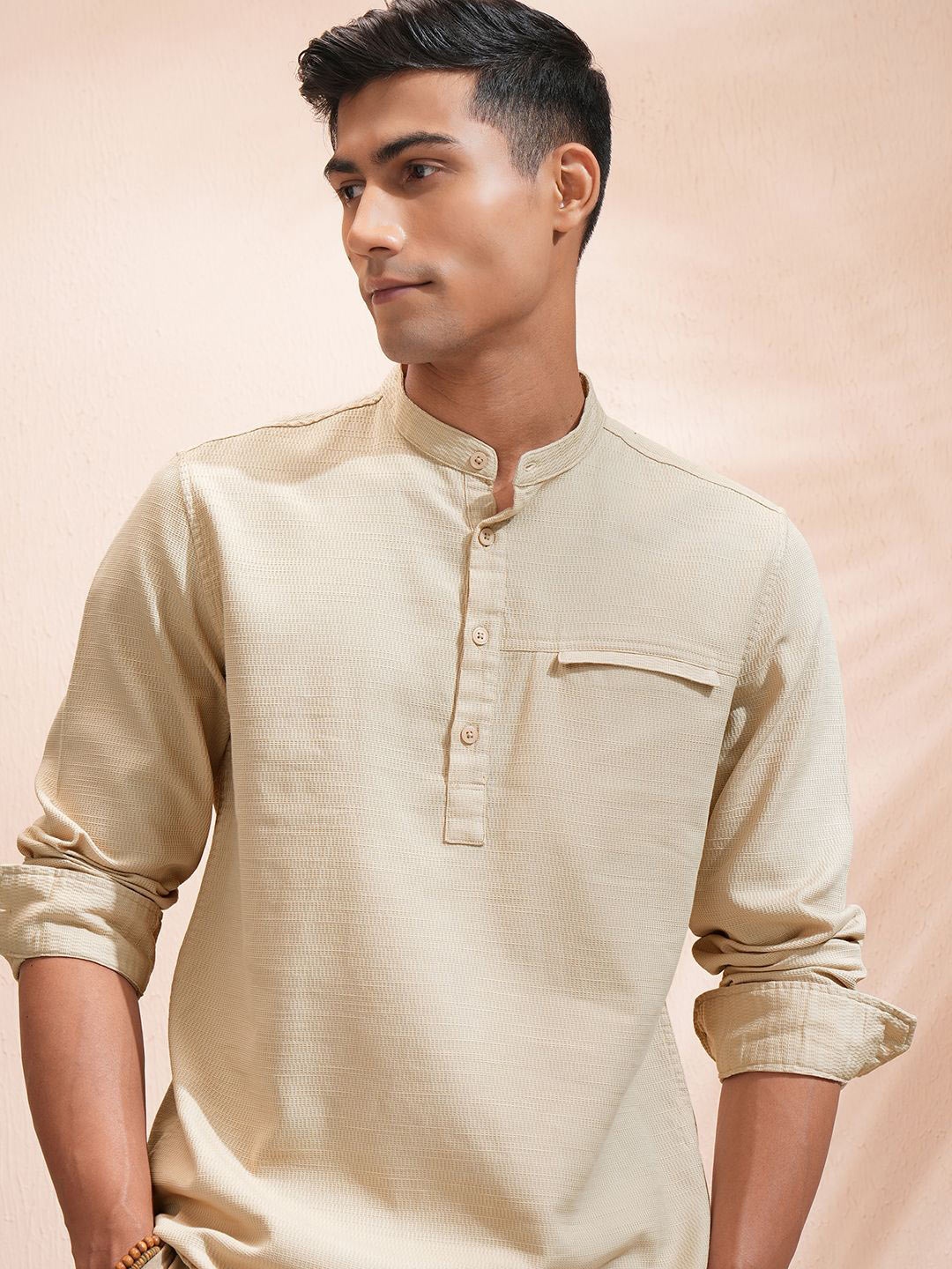 

HIGHLANDER Men Dobby Texut Solid Mandarin Collar Casual Shirt, Beige
