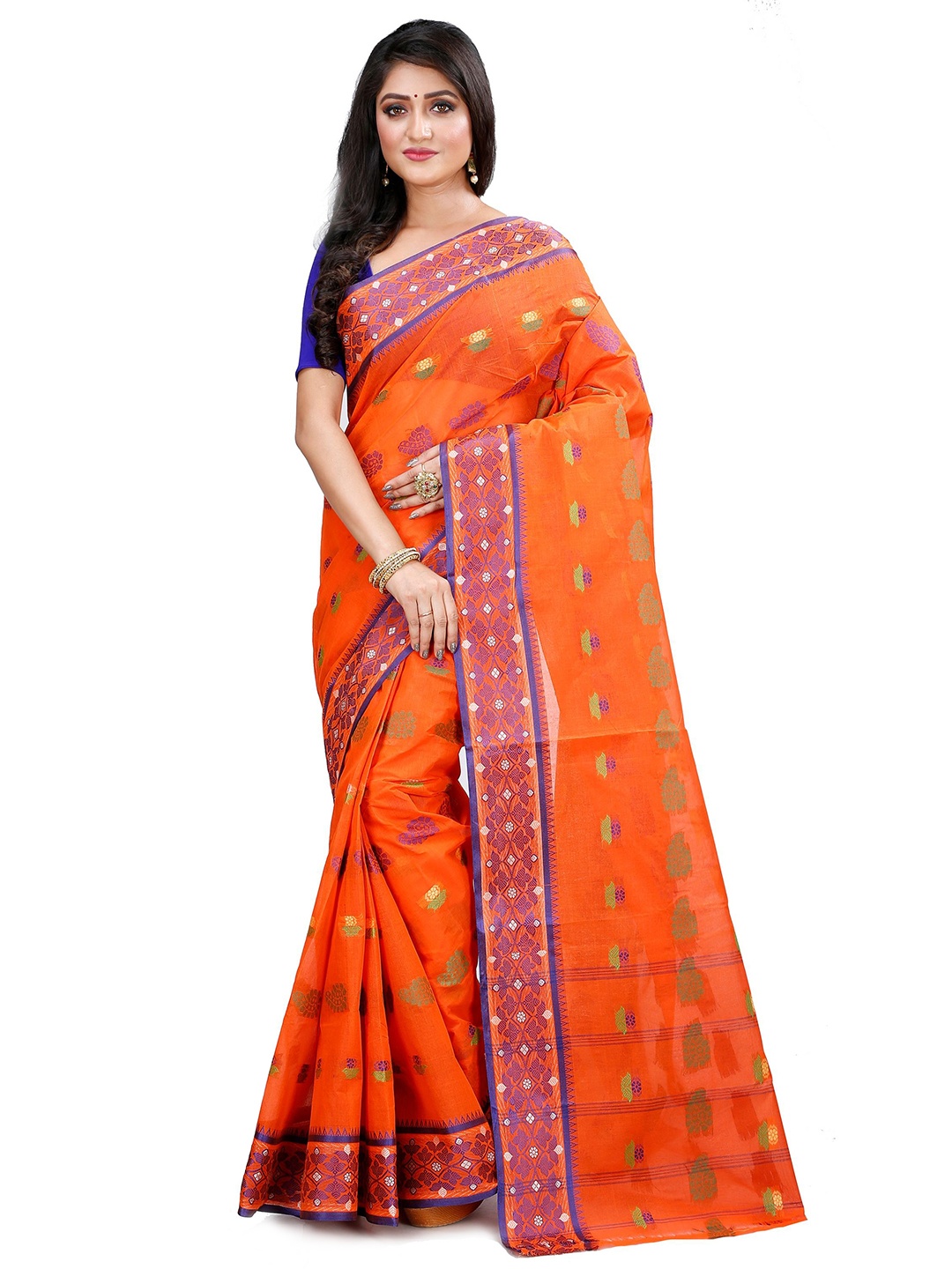 

DipDiya Woven Design Zari Pure Cotton Taant Saree, Orange