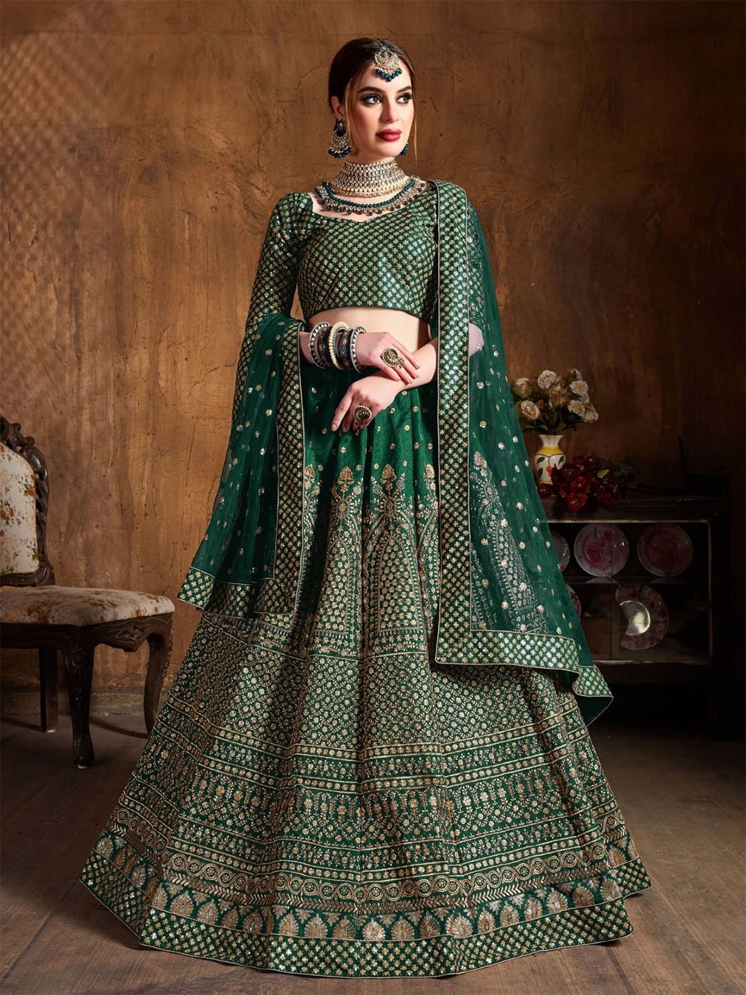 

ODETTE Embroidered Beads and Stones Semi-Stitched Lehenga & Blouse With Dupatta, Green