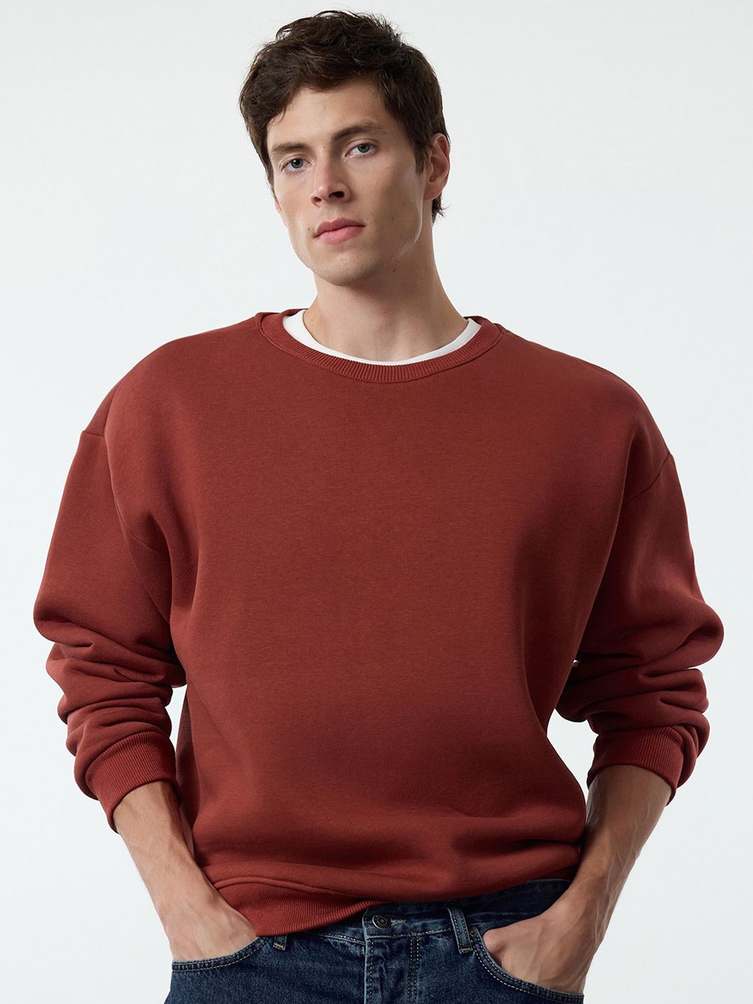 

Trendyol Men Solid Round Neck Cotton Pullover Sweatshirt, Brown