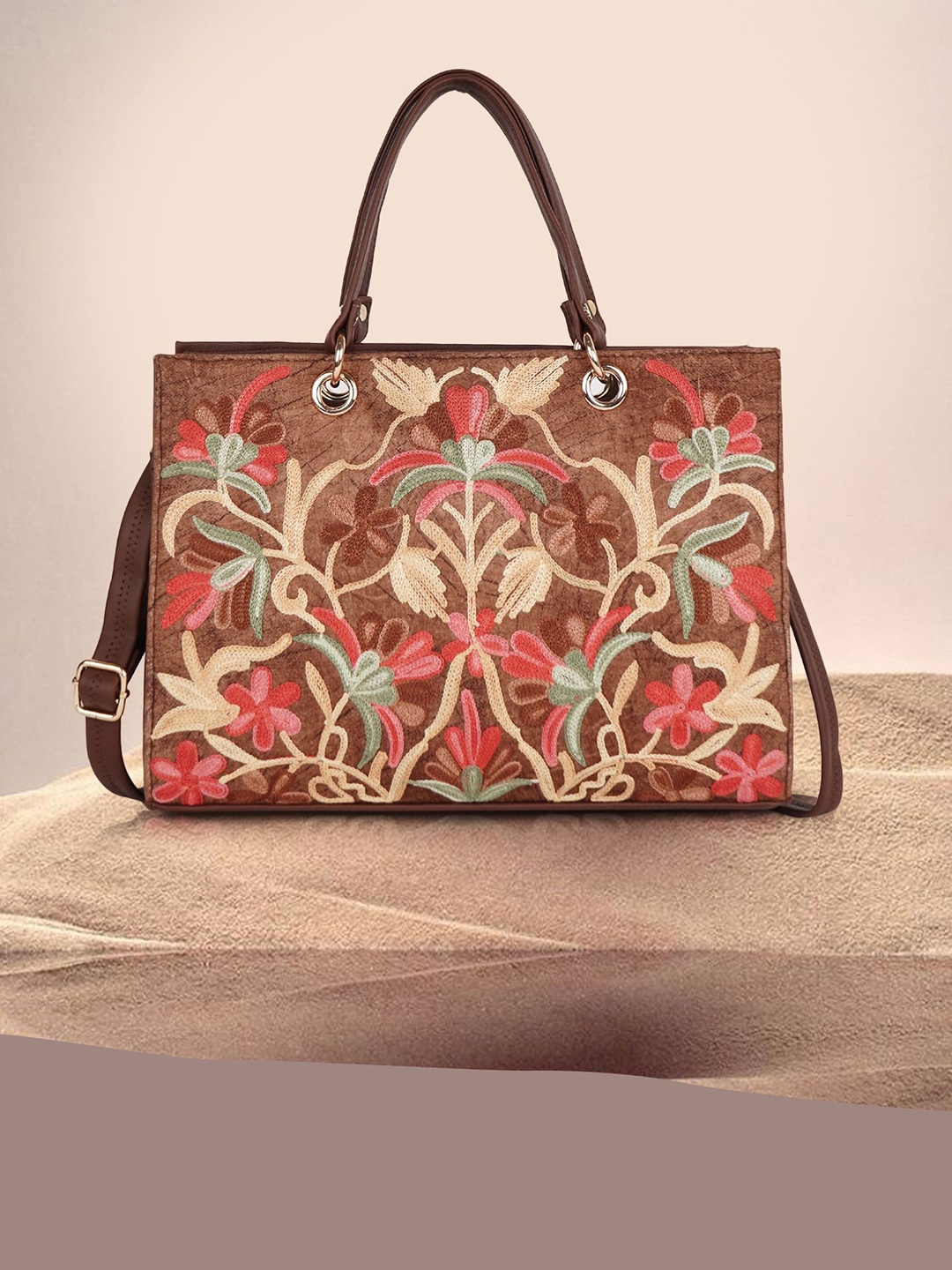 

YOYOWING Women Floral Colourblocked Structured Satchel bag, Brown