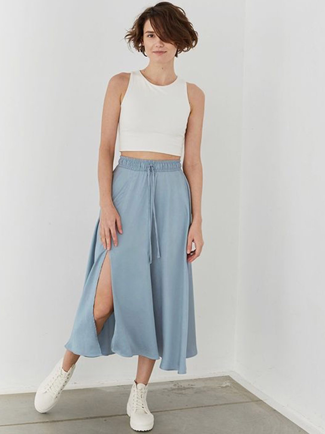 

LULU & SKY Front Slit A-Line Midi Skirts, Blue