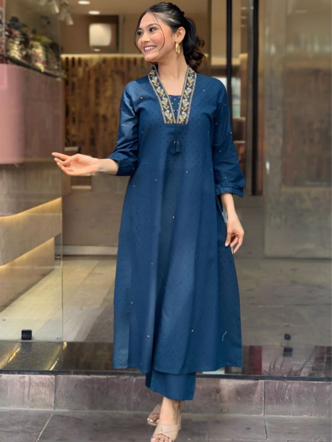 

KALINI Yoke Design Thread Work Pure Cotton Kurta with Trouser, Navy blue