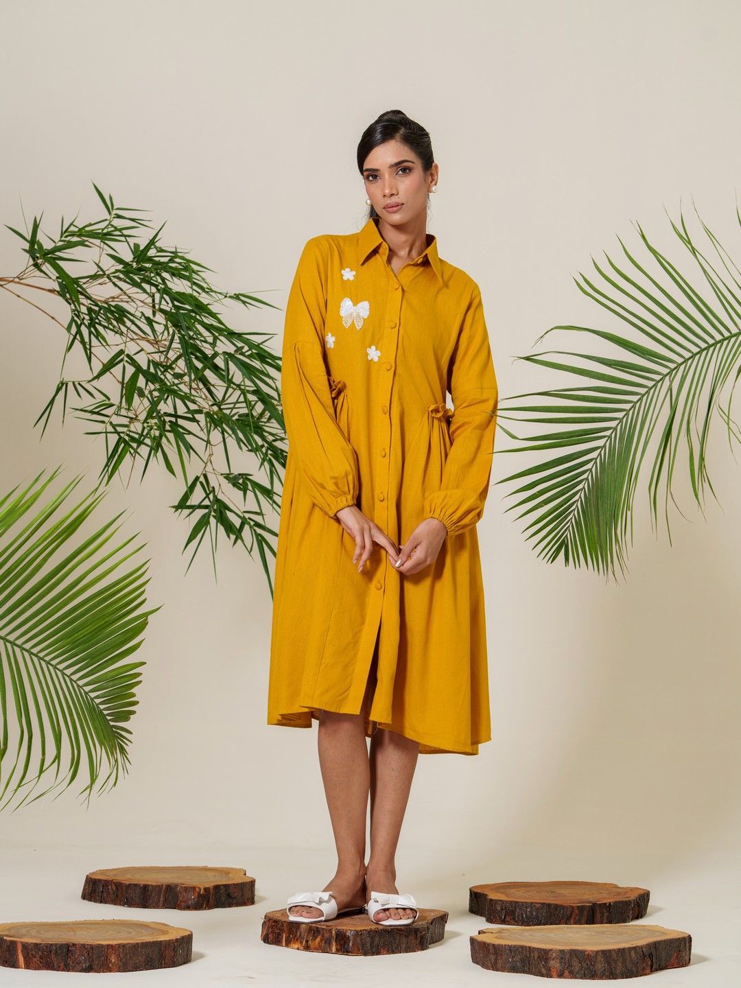 

KINA Puff Sleeve Shirt Dress, Yellow