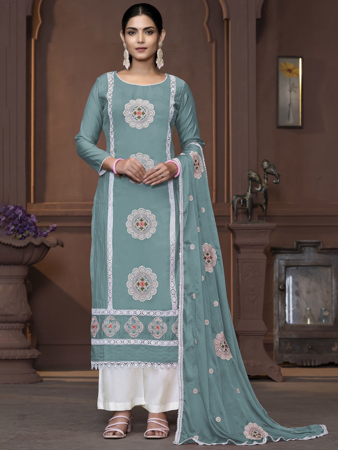 

Maroosh Floral Embroidered Sequined Unstitched Dress Material, Sea green