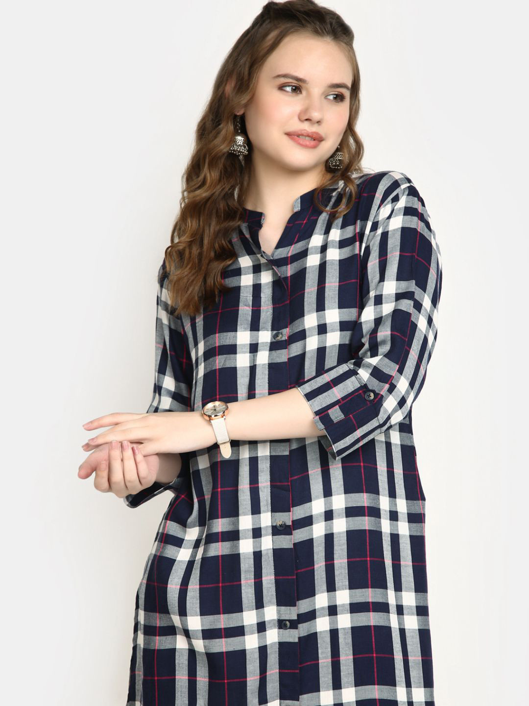 

V-Mart Checked Mandarin Collar Top, Navy blue