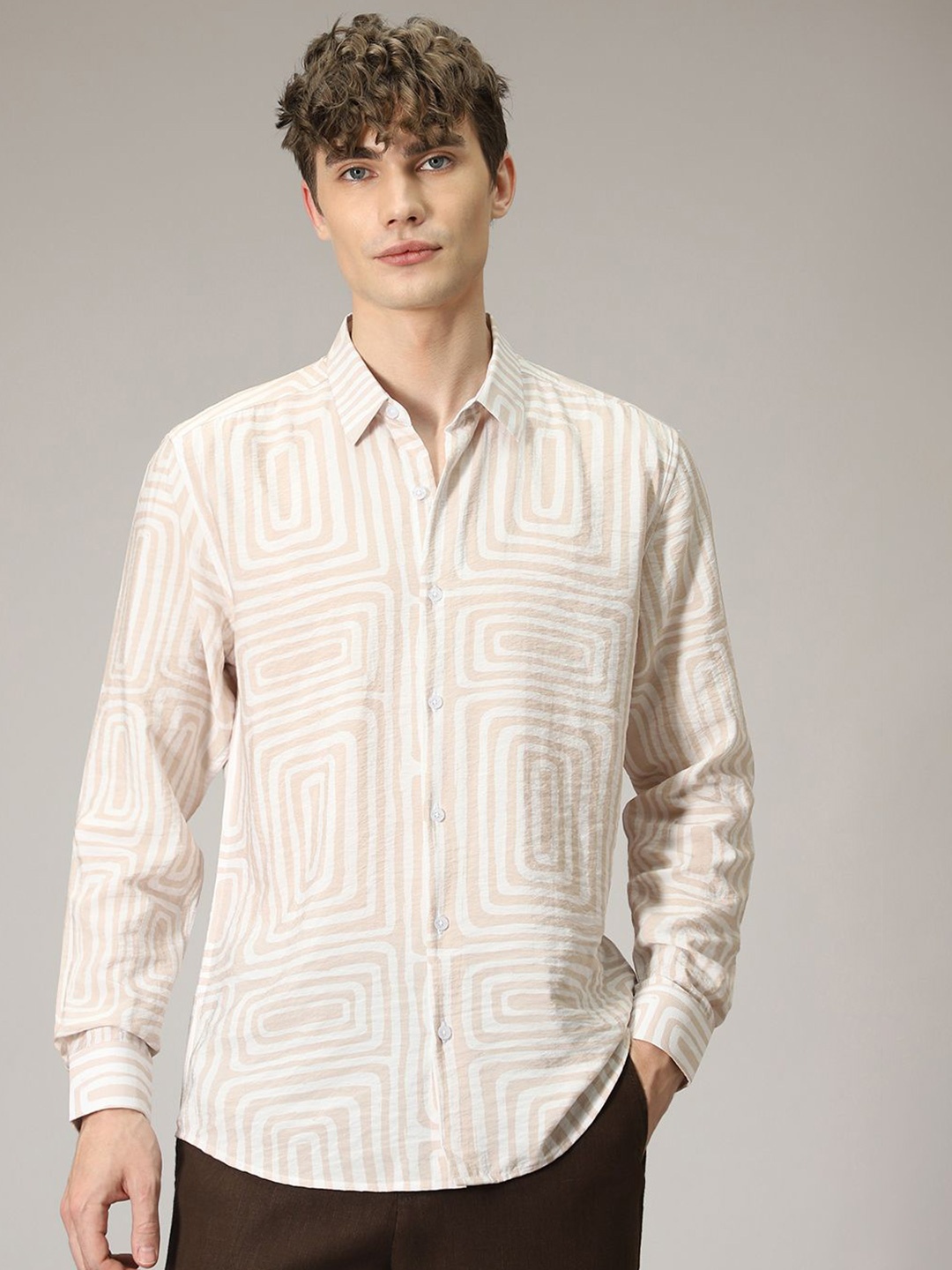 

Banana Club Men Classic Slim Fit Opaque Printed Casual Shirt, Beige