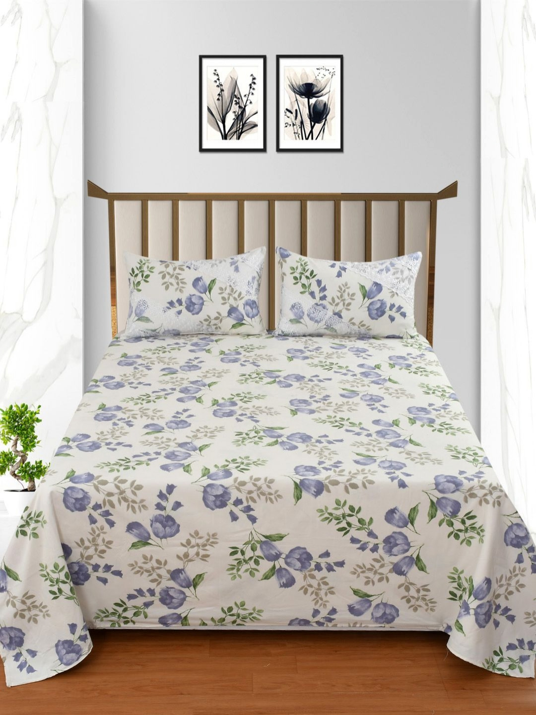 

BELVOSTUM White & Green Floral 250 TC King Bedsheet with 2 Pillow Covers