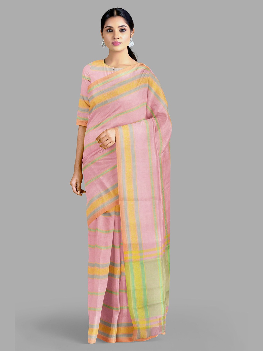

The Chennai Silks Striped Pure Cotton Kanjeevaram Saree, Pink