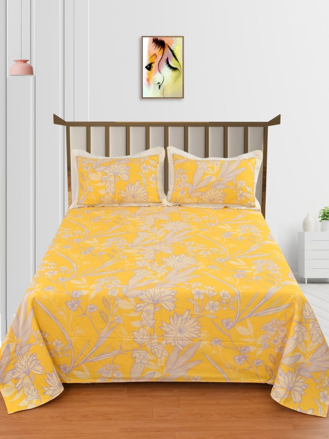 

BELVOSTUM Yellow & Purple Floral 250 TC King Bedsheet with 2 Pillow Covers