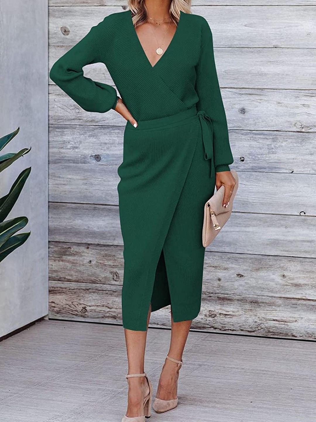 

KPOP Women V-Neck Solid Long Sleeves Bodycon Dress, Green