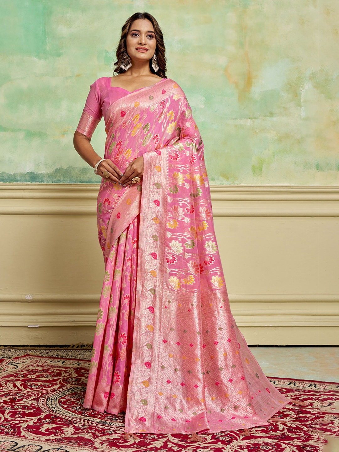 

KAYOMMI Woven Design Zari Pure Cotton Banarasi Saree, Pink