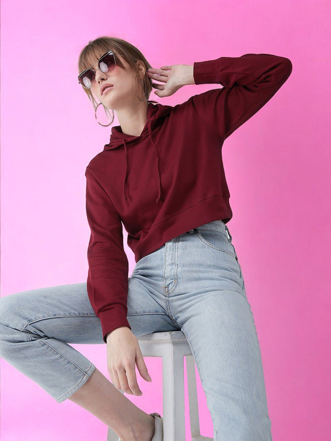 

DressBerry Women Solid Round Neck Full Sleeve Hooded Boxy Crop Sweatshirt, Maroon