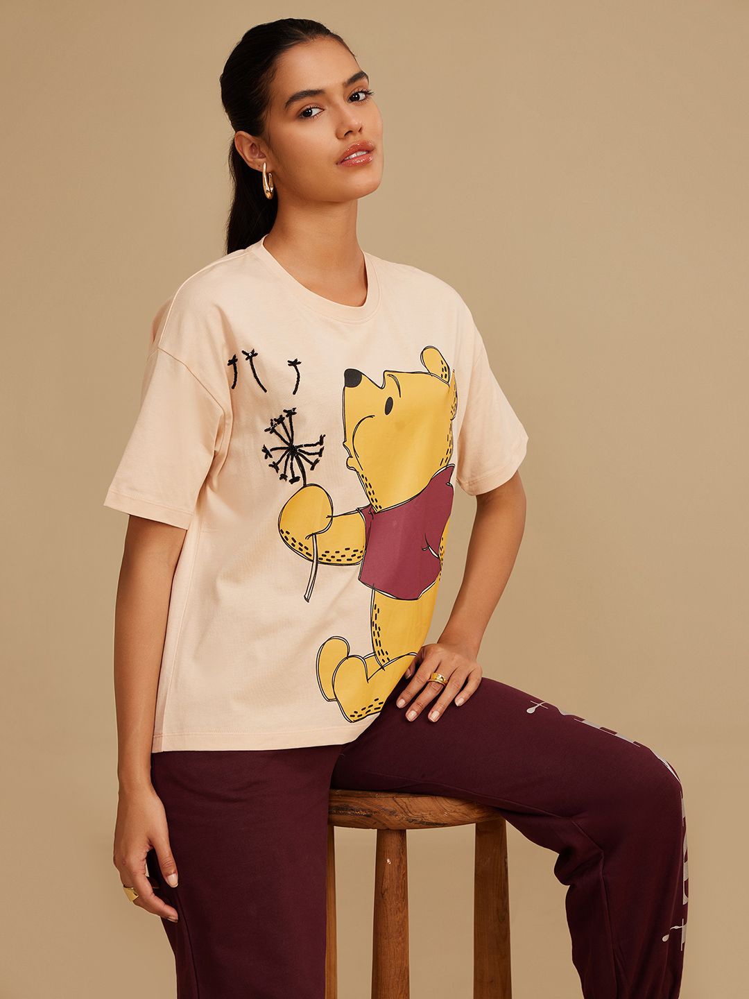 

Kazo Women Graphic Printed Round Neck Cotton T-shirt, Beige