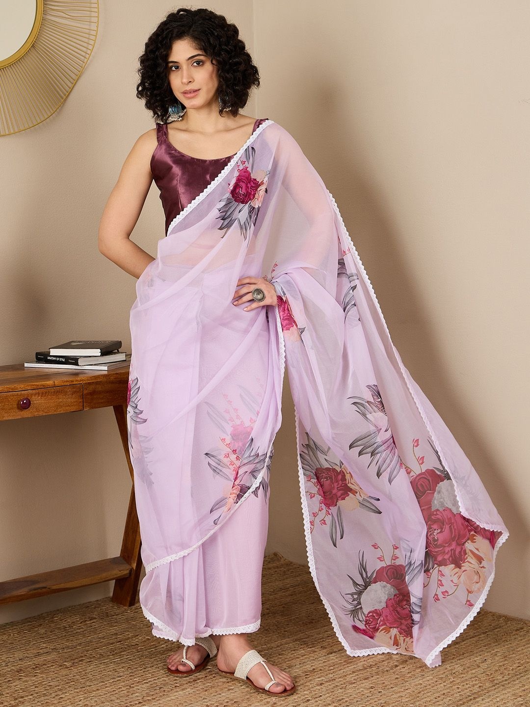 

Saree mall Floral Organza Ready to Wear Sarees, Lavender