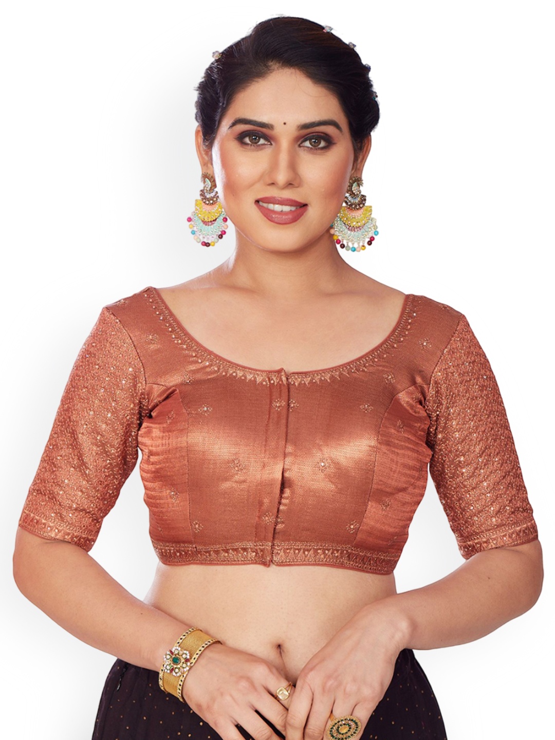 

Mmore Embroidered Round Neck Saree Blouse, Copper