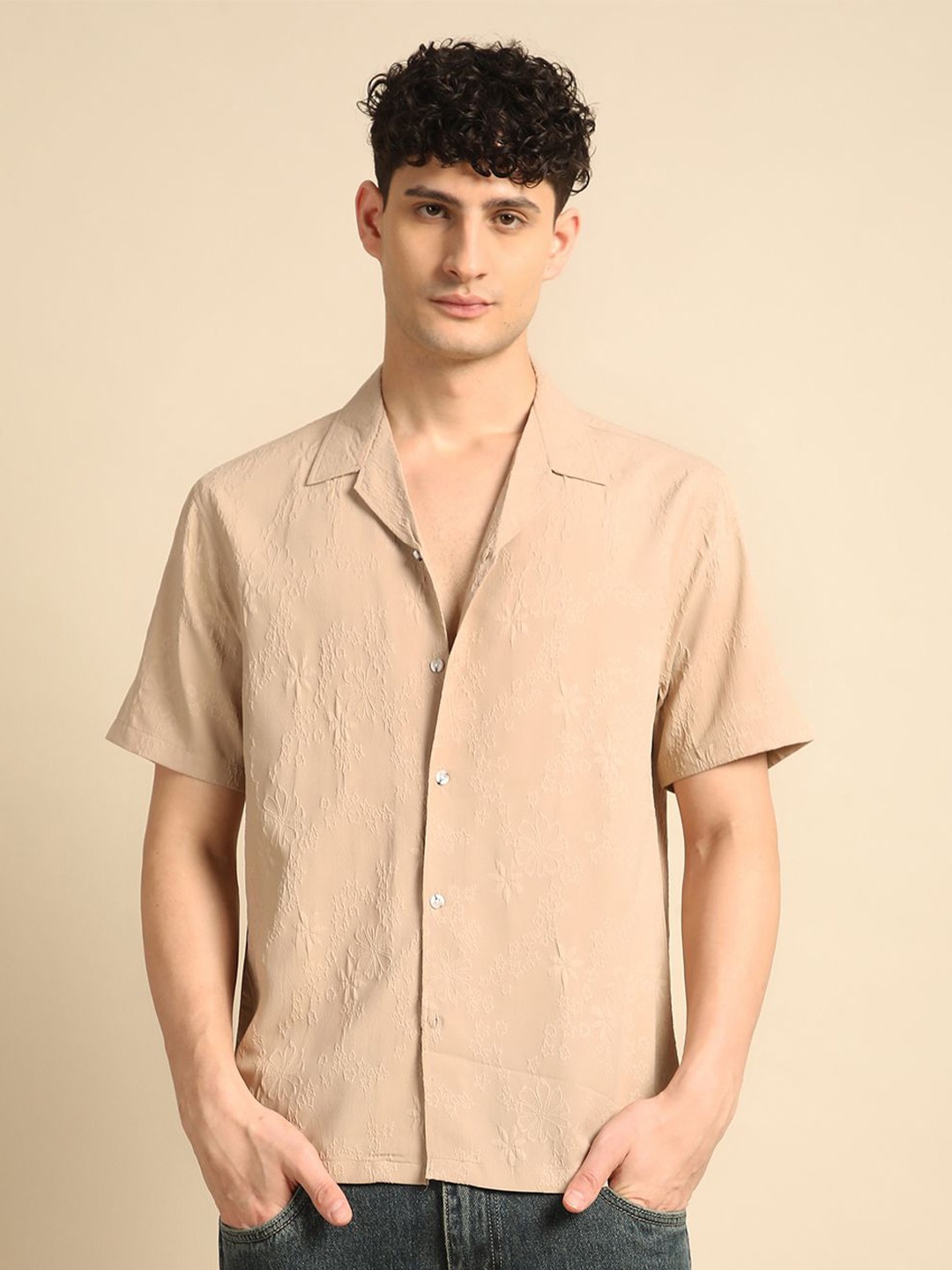 

Voroxy Men Relaxed Cuban Collar Textured Polycotton Casual Shirt, Khaki