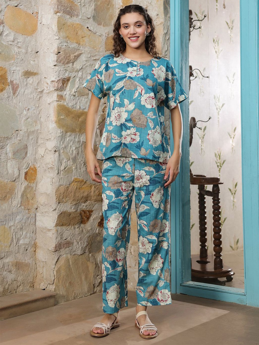 

SANSKRUTIHOMES Printed Top & Trouser Co-Ord Set, Turquoise blue