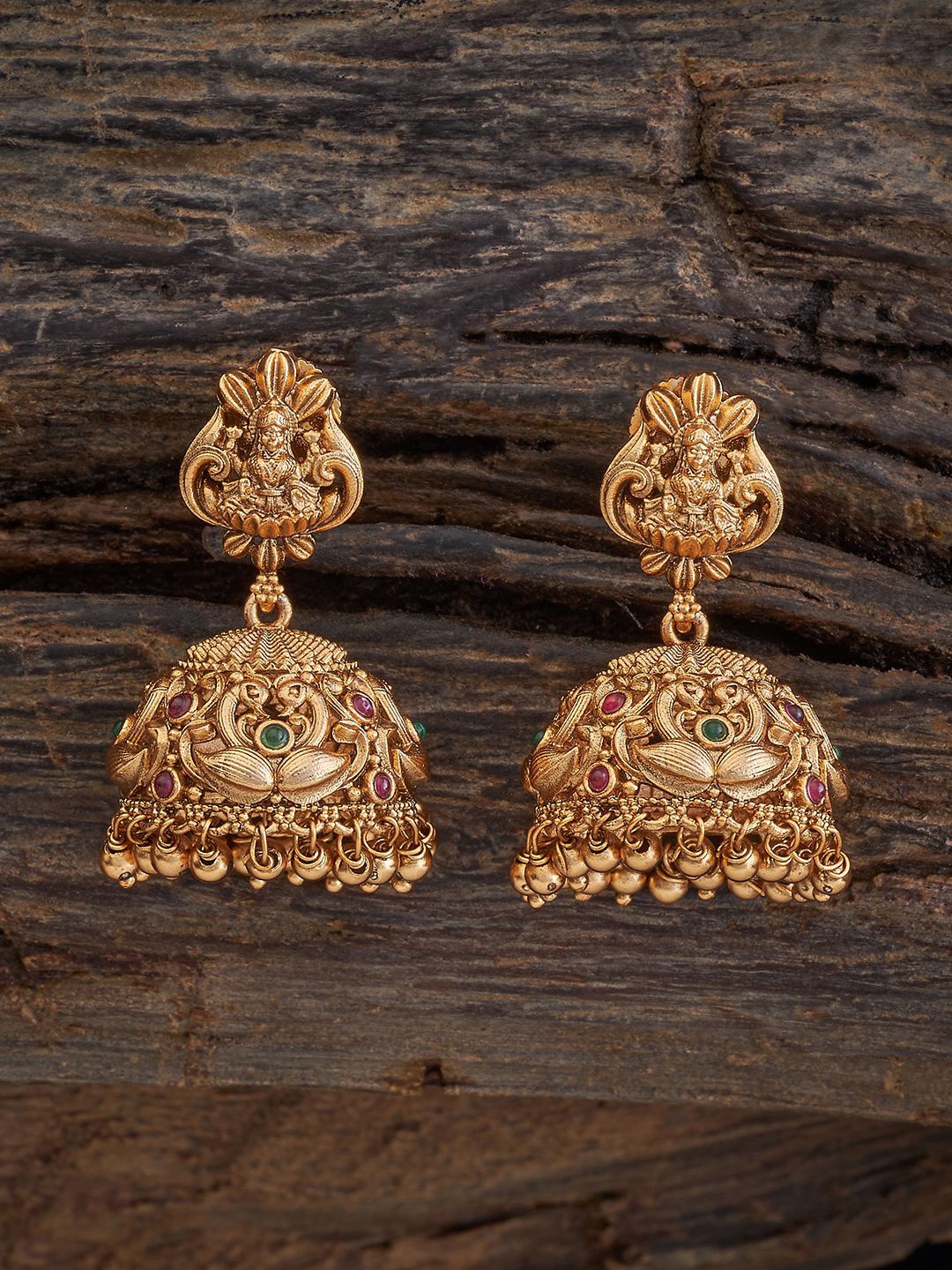 

Kushal's Fashion Jewellery Gold-Plated Dome Shaped Temple Jhumkas Earrings, Red