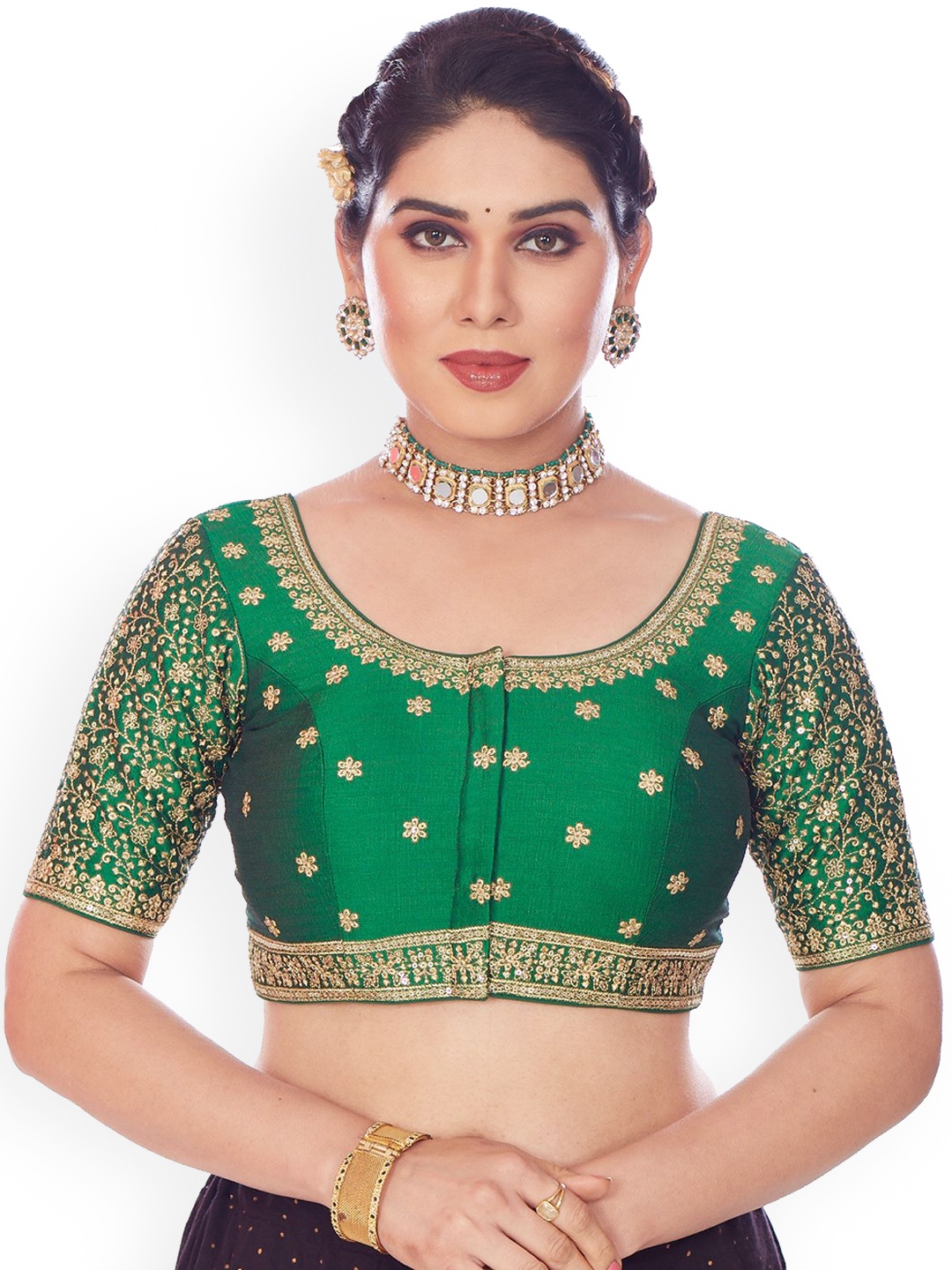 

Mmore Embroidered Round Neck Saree Blouse, Green