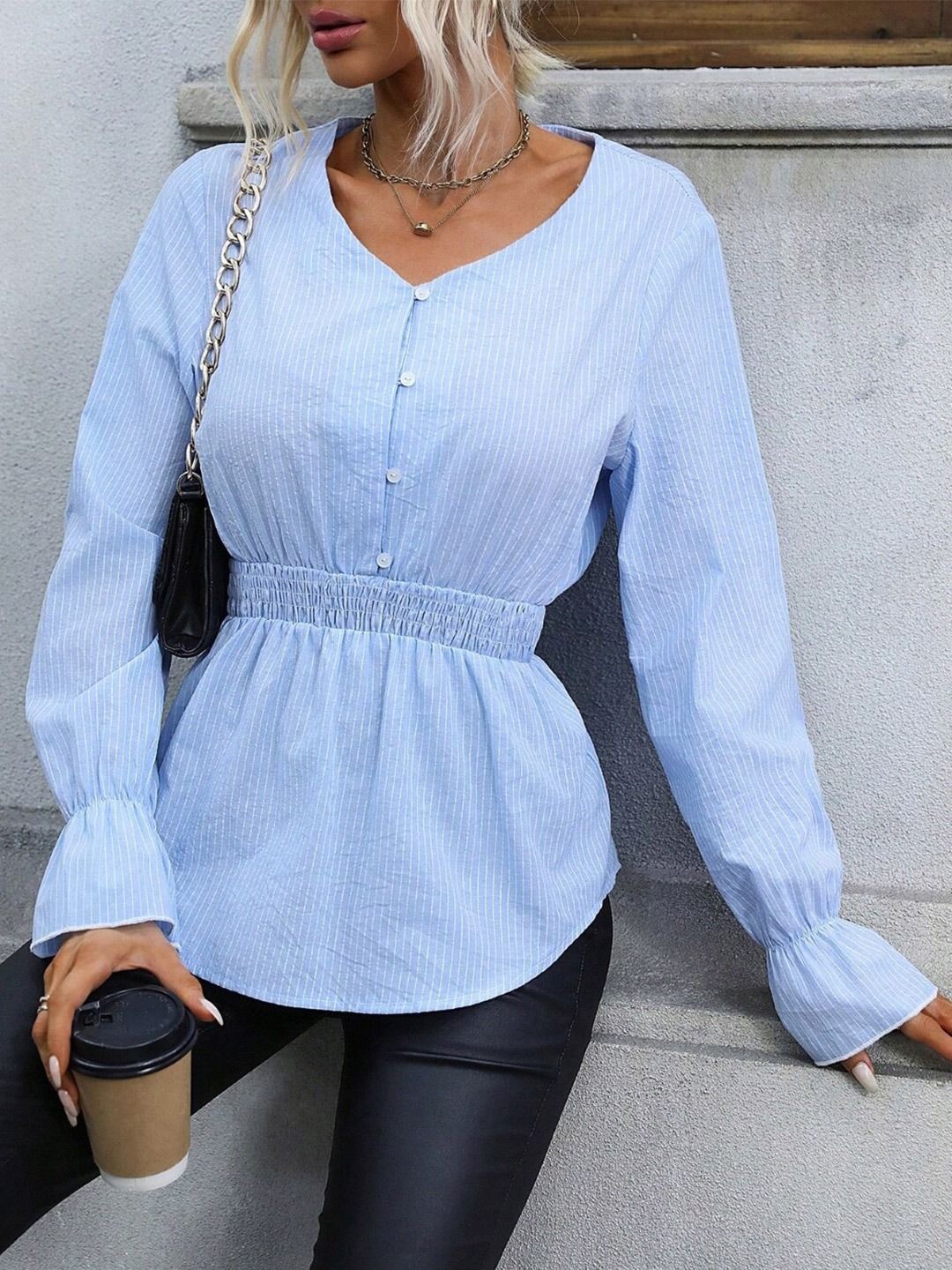 

KPOP Women Vertical Striped V-Neck Top, Blue